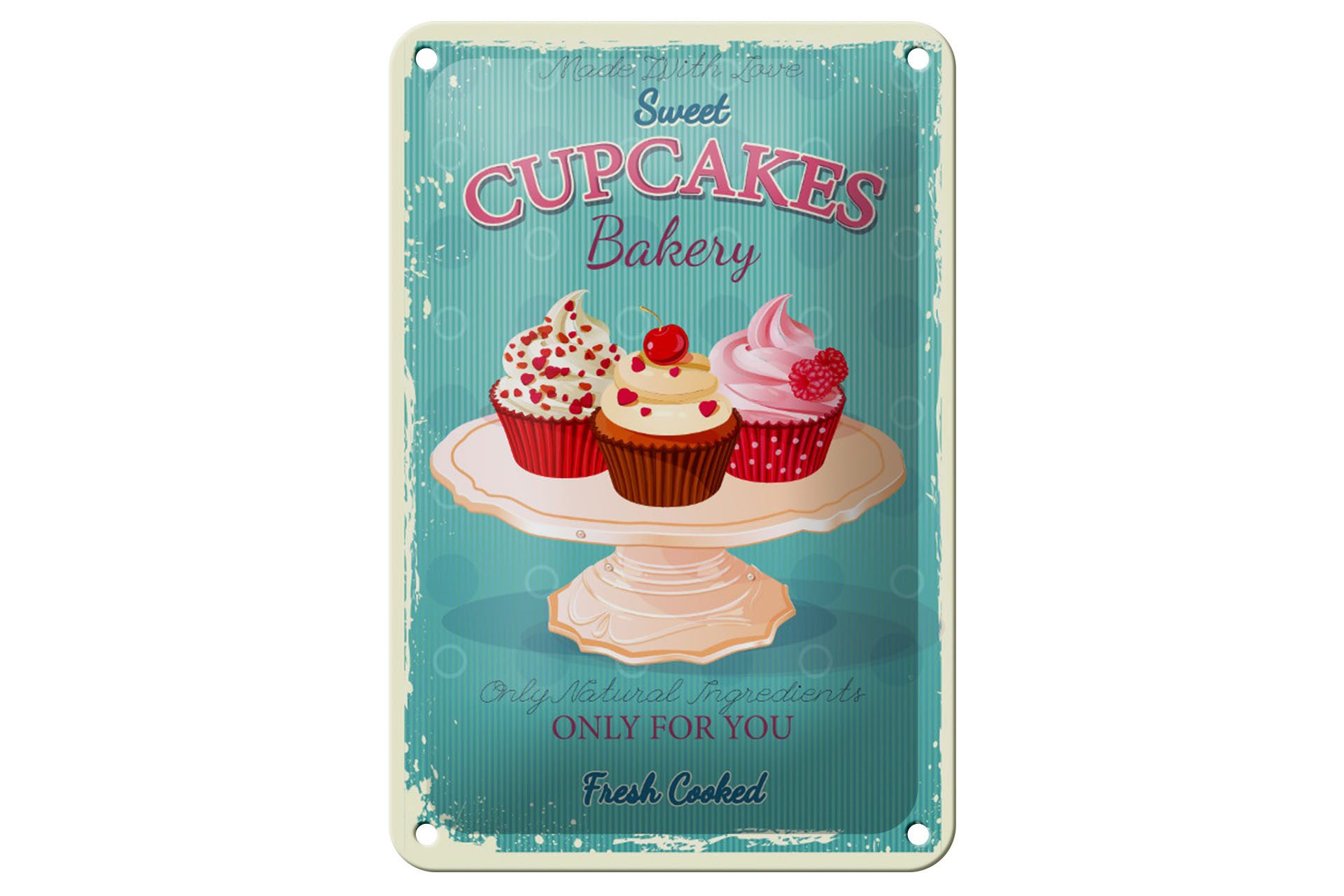 Femer GmbH Metallschild Cupcakes 12x18cm made with love sweet bakery, (1 St), gewölbte Oberfläche, abgerundete Ecken, umgeschlagene Kanten