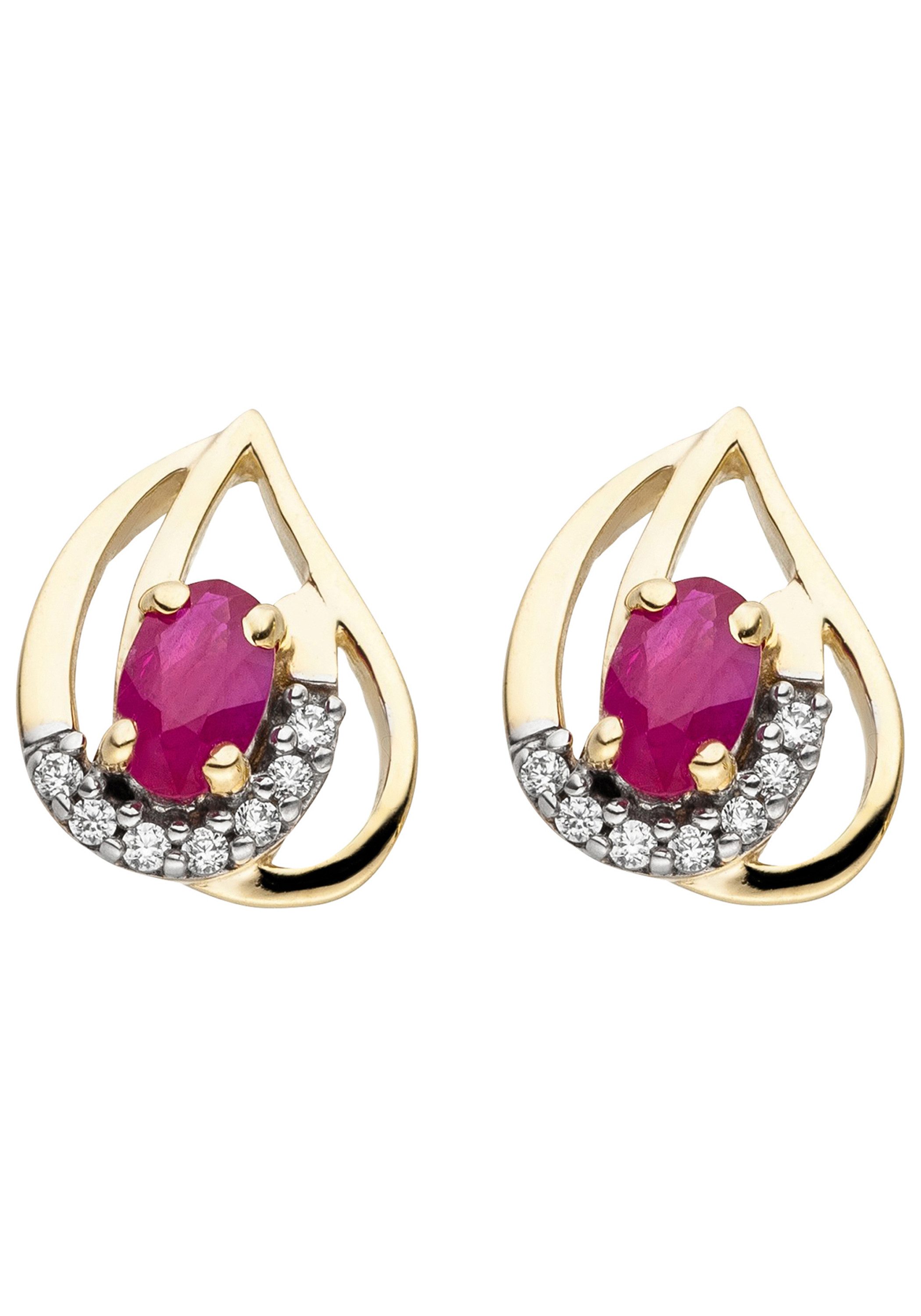 JOBO Paar Ohrstecker Ohrringe mit Rubin und 14 Zirkonia, 333 Gold