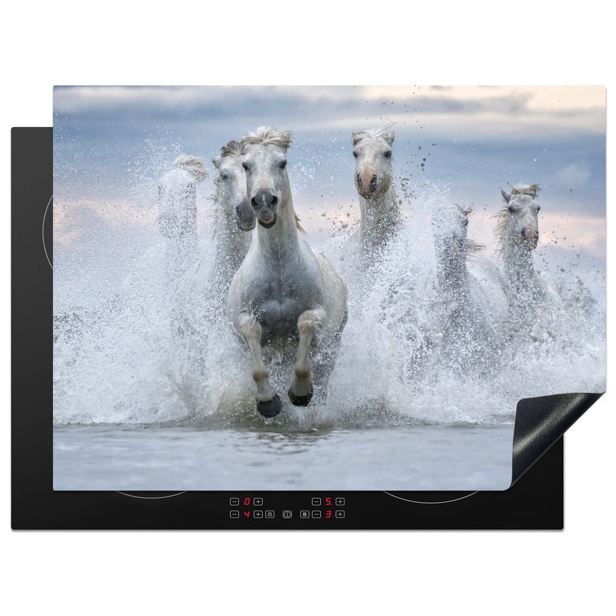 cm, (1 70x52 Arbeitsfläche galoppiert tlg), Pferde Camargue, weißer durch Vinyl, Wasser Eine das Ceranfeldabdeckung Herdblende-/Abdeckplatte nutzbar, in Mobile der Herde MuchoWow
