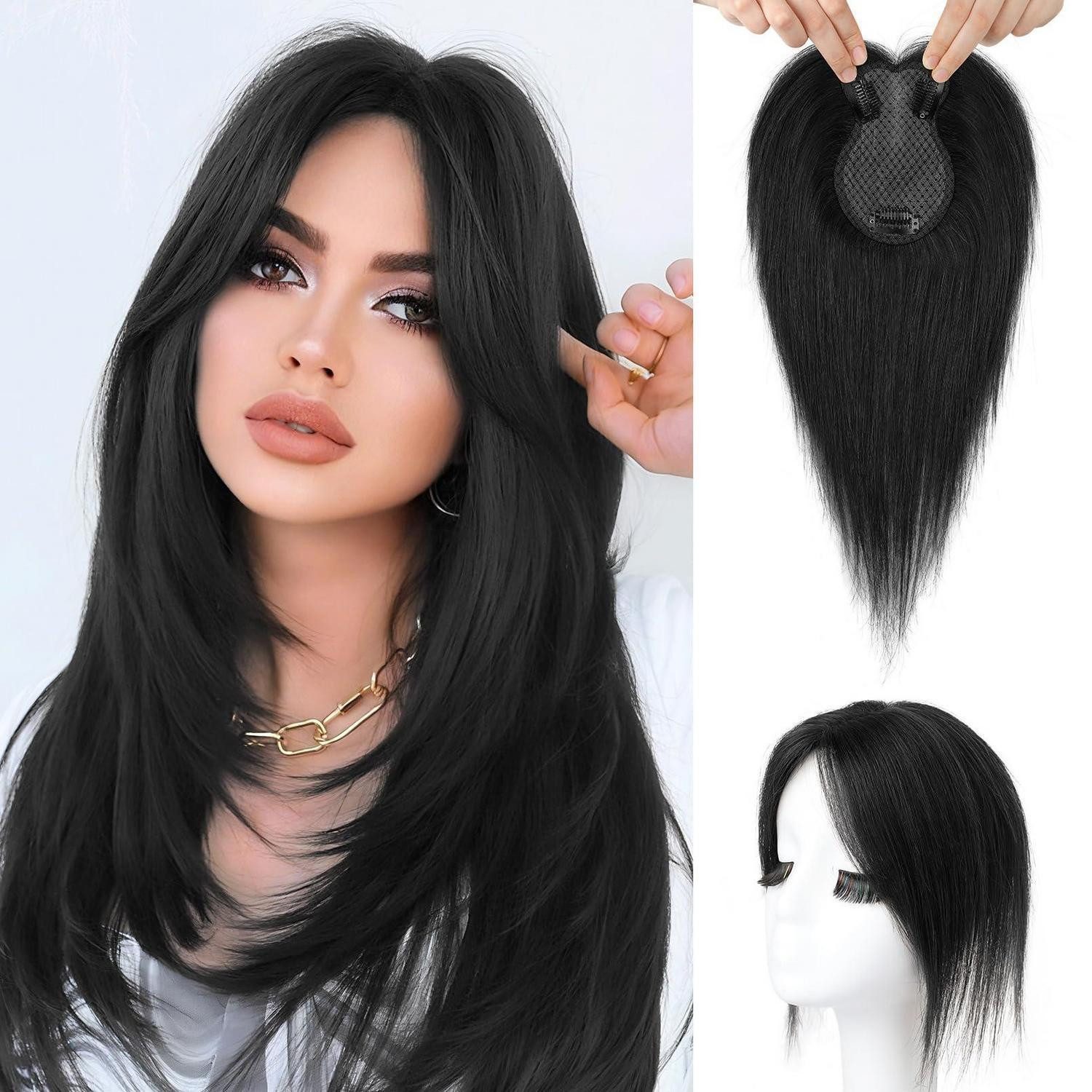 LuxusKollektion Toupet Topper Echthaar Frauen Clipin Pony 360 3D 26 CM Naturschwarz