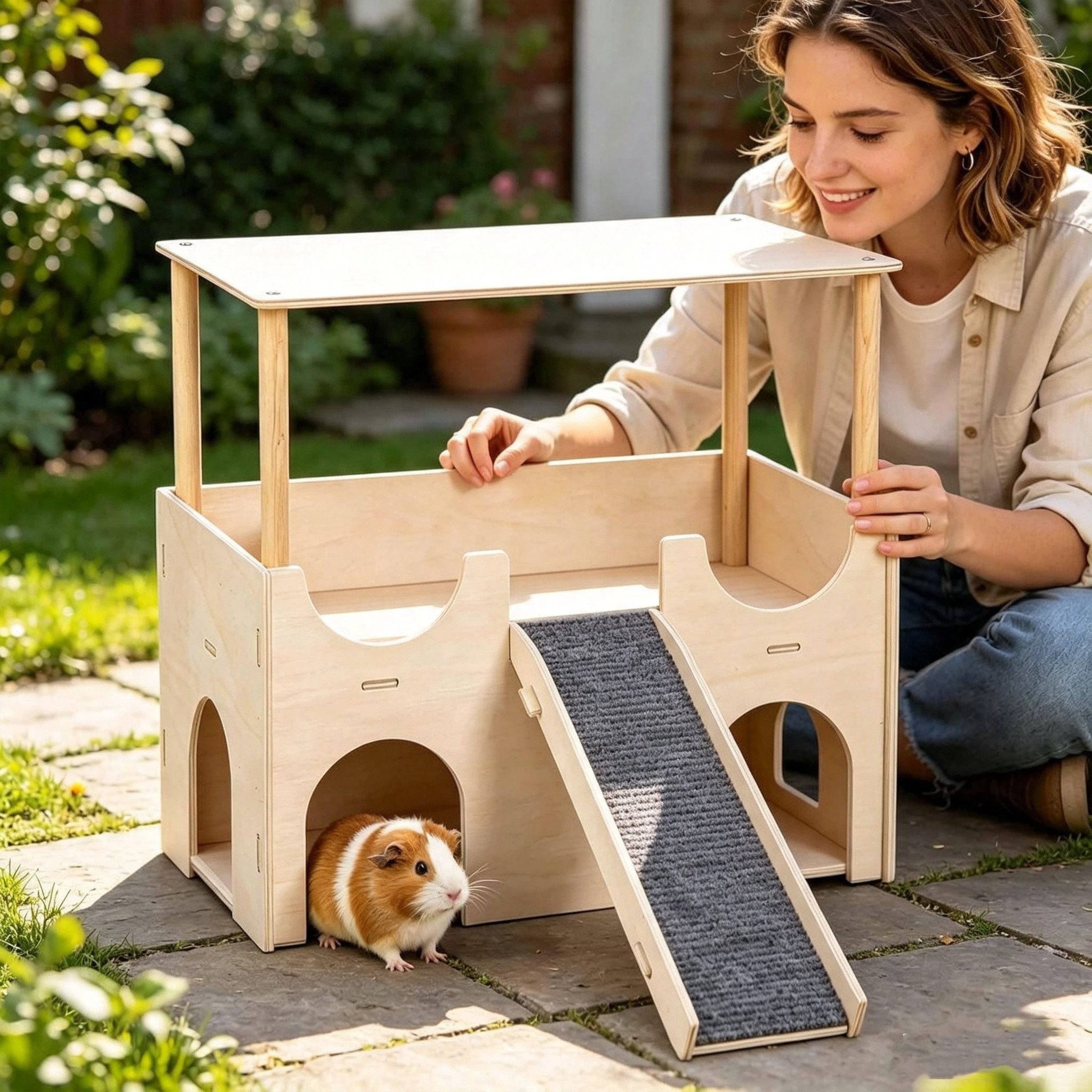 BlingBin Kleintierkäfig Meerschweinchen Versteck aus Holz Meerschweinchenburg mit Treppe, für Zwerg Hamster Rennmäuse Degus Stachelmäuse Kaninchen