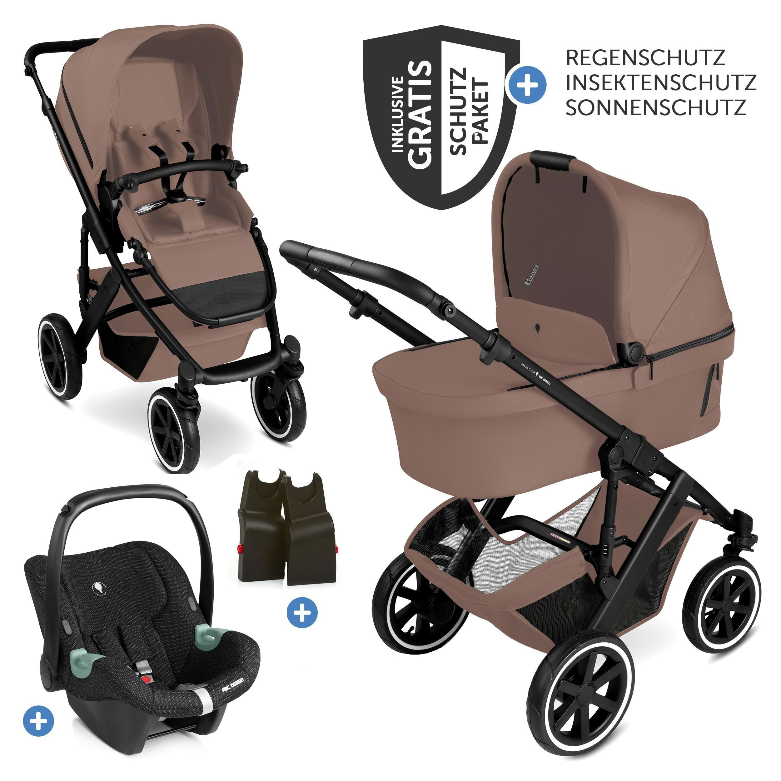 ABC Design Kombi-Kinderwagen Salsa 5 Air - Dark Beige, 3in1 Коляски Set mit Babywanne, Babyschale, Sportsitz & Zubehör