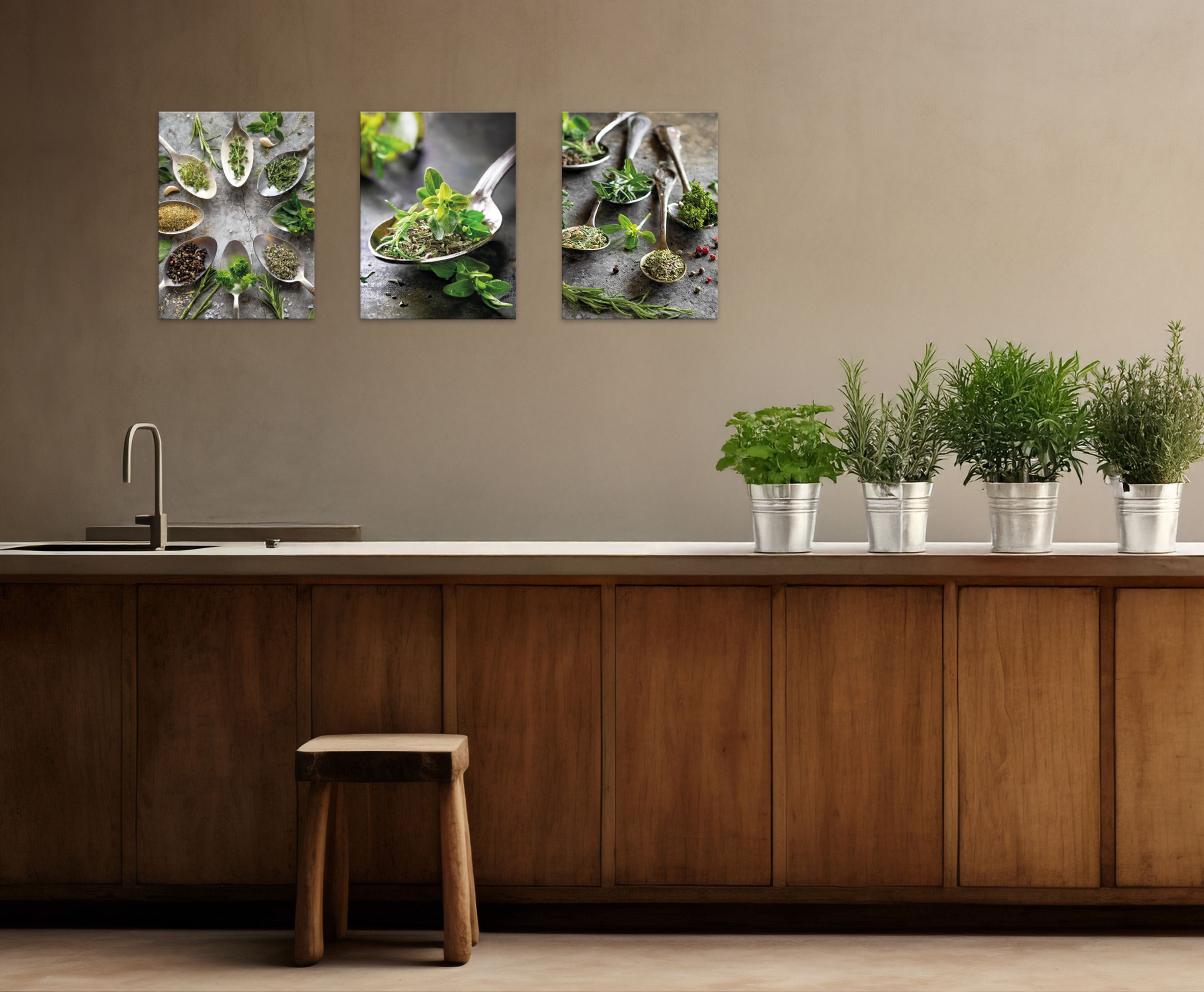artissimo Mehrteilige Bilder Bilderset 3er-Set, Deko Küche, Küchendeko Wandbilder-Set, Bilder grün, modernes Küchenbild: Kräuter auf Löffeln