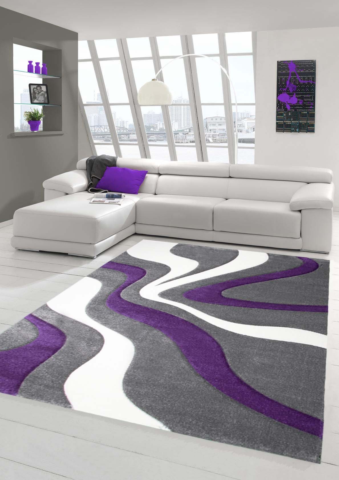 Teppich Designer Teppich Moderner Teppich Wohnzimmer Teppich Kurzflor  Teppich mit Konturenschnitt Wellenmuster Lila Grau Weiss, Teppich-Traum,  rechteckig, Höhe: 13 mm