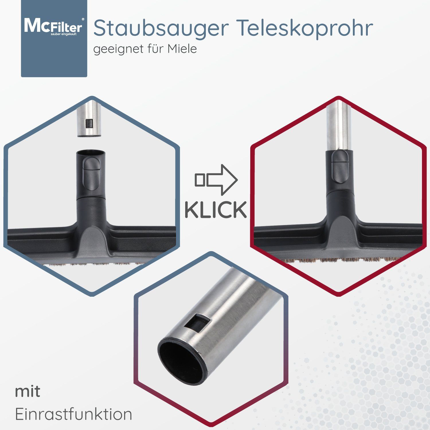 Länge: 61-103cm, Anschluss mit Ø Staubsauger Teleskoprohr ca. Rohr mit CX1 Einrastsystem Miele Serie, für geeignet Saugrohr McFilter 35mm,