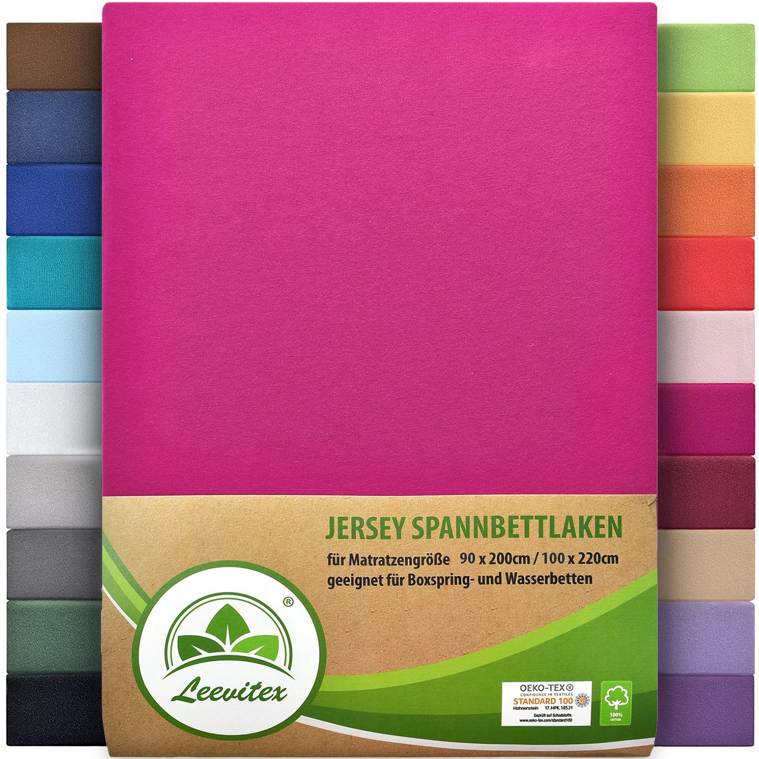 Spannbettlaken Premium 170, leevitex®, Gummizug: rundum, schwer und dick, 100% Jersey-Baumwolle, auch Boxspringbett geeignet Pink / Magenta