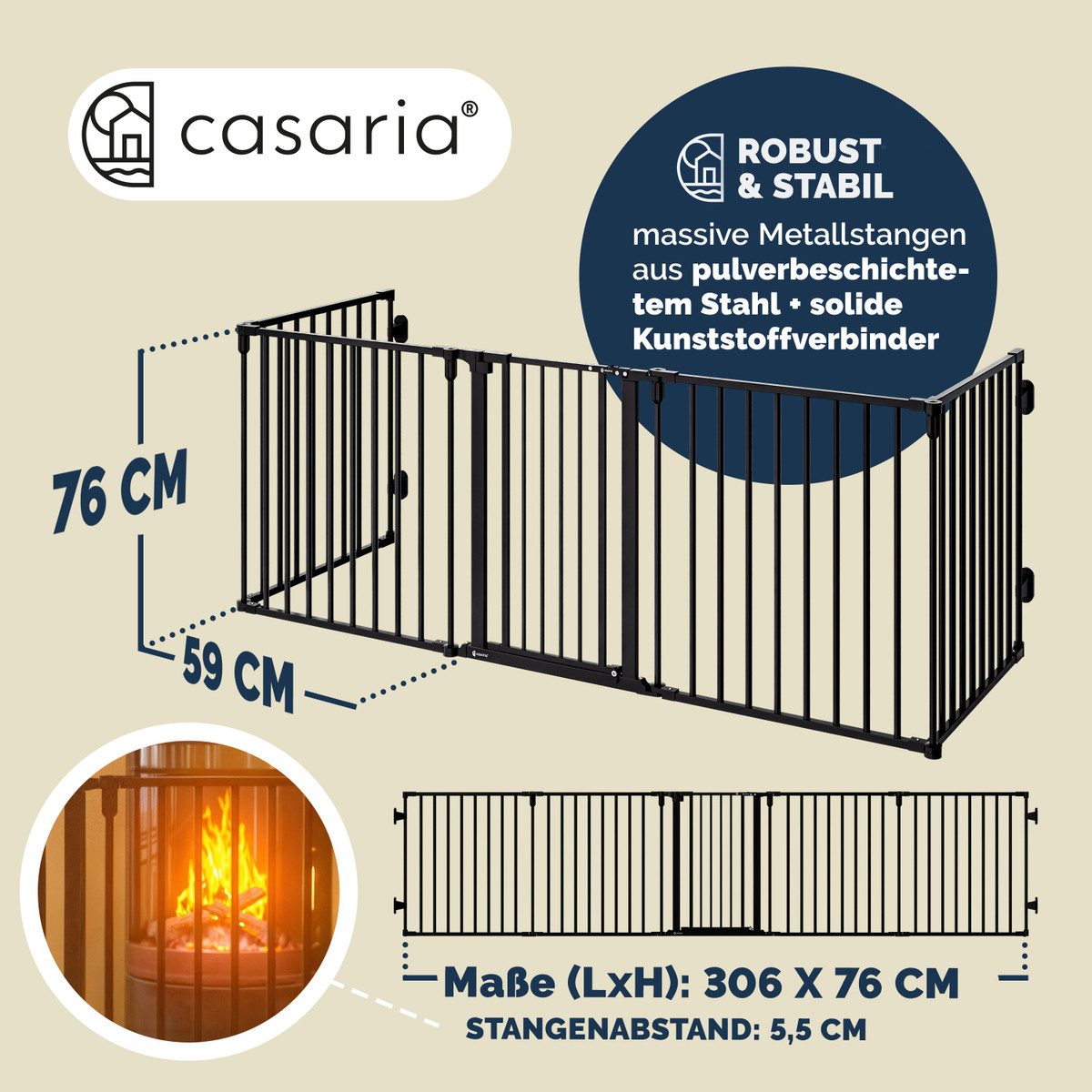 Casaria Fireplace Gate, Fireplace Safety Gate with Lock, Foldable, 306x76cm, Barrier Gate