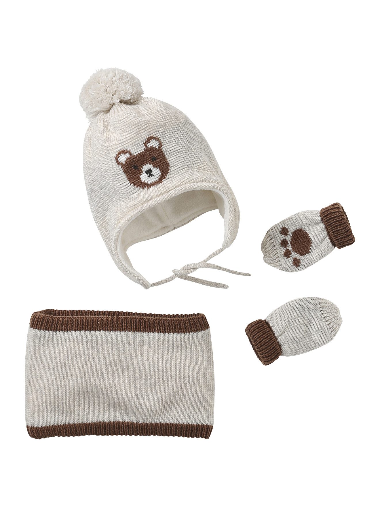 vertbaudet Mütze & Schal Baby Set: Mütze mit Bären, Snood und Fäustlingen