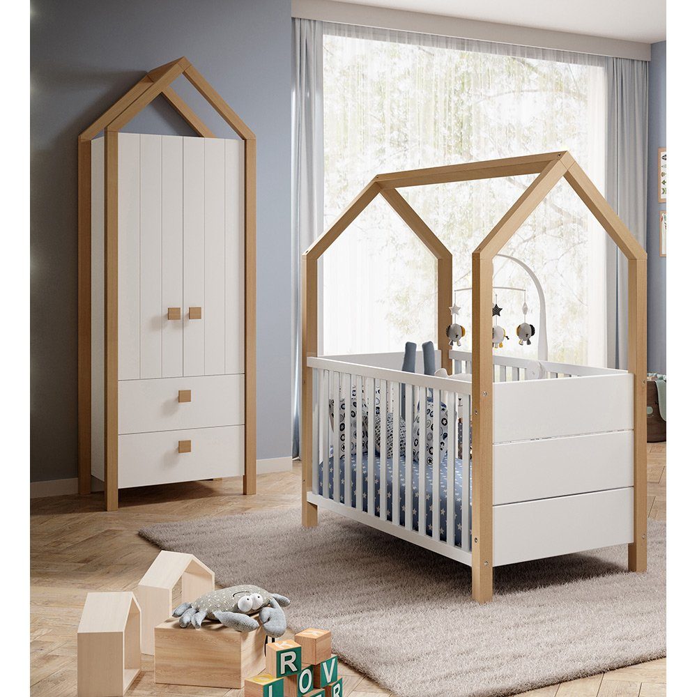 Lomadox Babyzimmer-Komplettset Hausbett, (2-tlg), Lattenrost, Kiefer weiß, Kleiderschrank teilmassiv Birke, BARI-78
