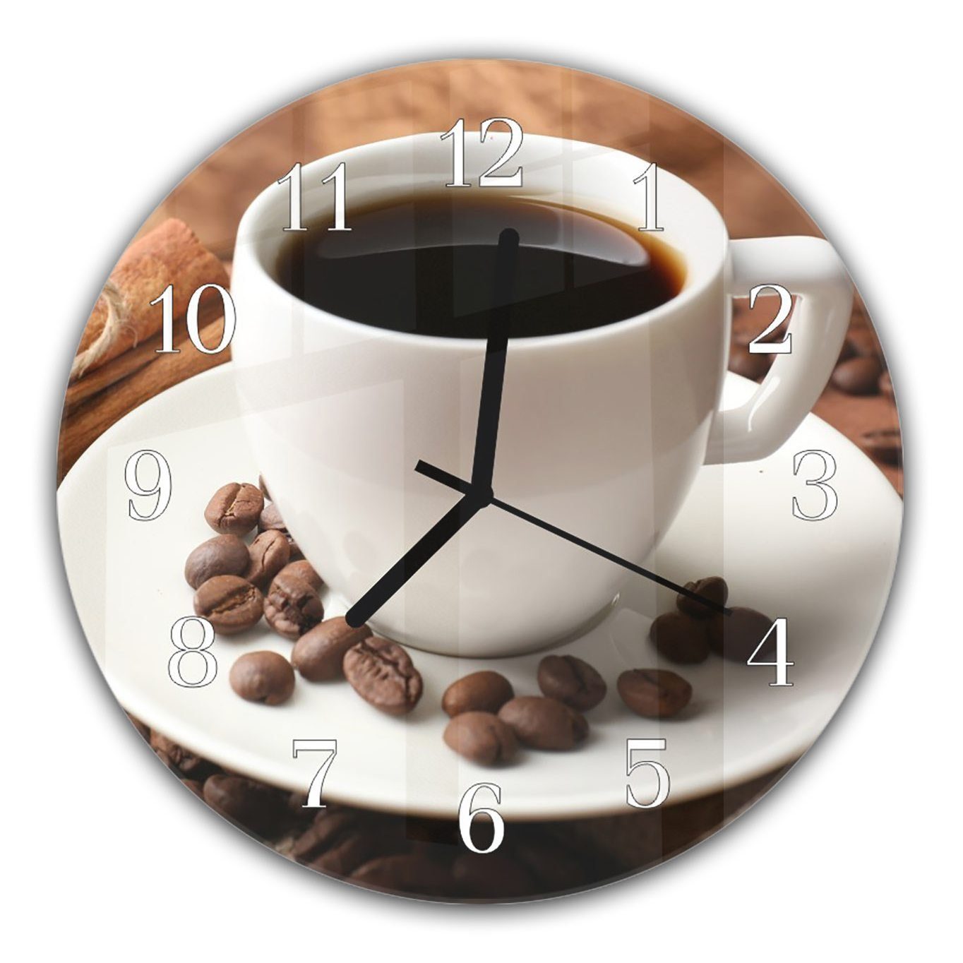 Primedeco Wanduhr Wanduhr aus Glas mit Motiv Kaffeetasse - Rund mit Durchmesser 30 cm und Quarzuhrwerk