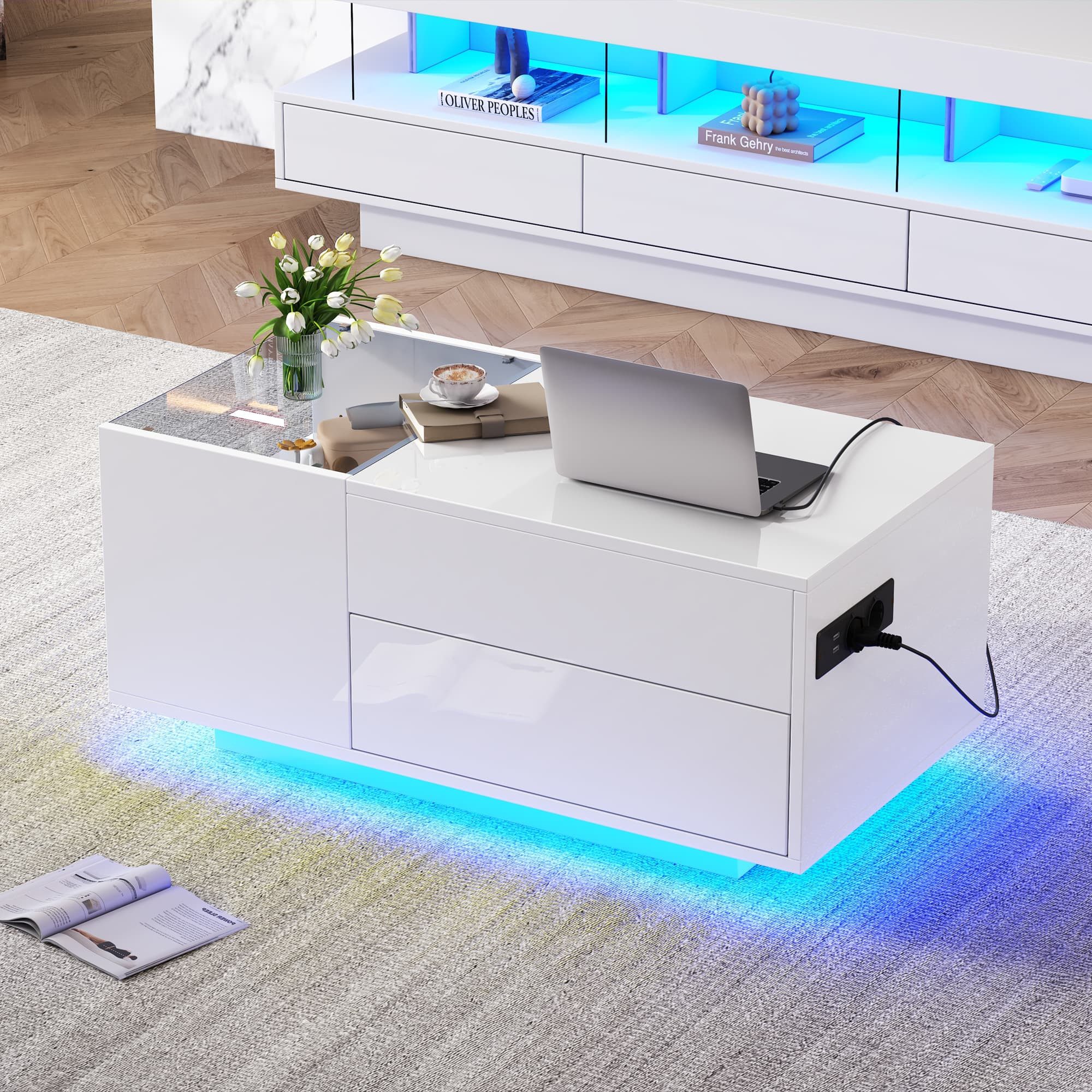 autolock Couchtisch Höhenverstellbarer Couchtisch LED-Licht Steckdose Verstecktem Stauraum (95 x 48 x 42 cm), Wohnzimmertisch Kaffeetisch Beistelltisch Sofatisch