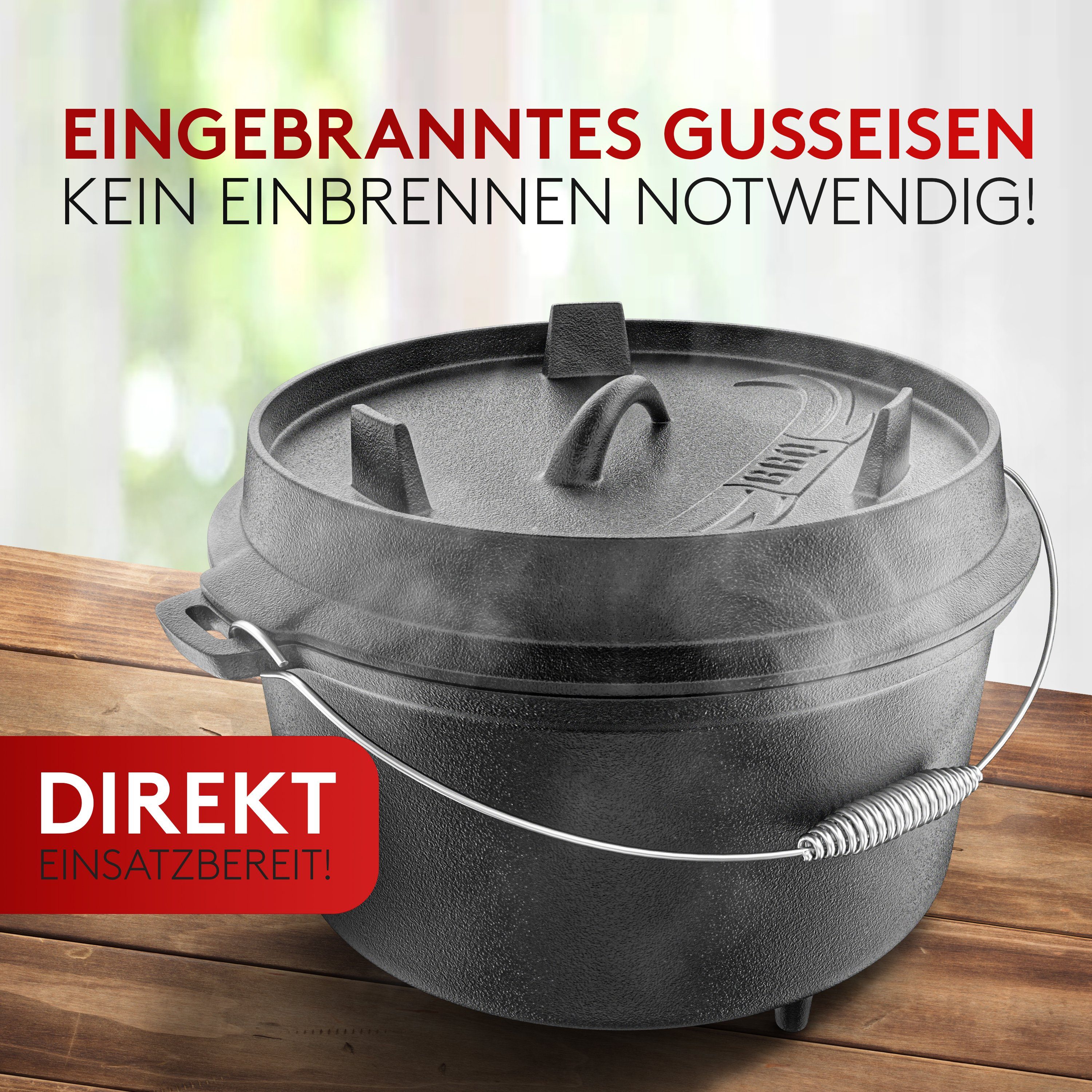 Amandi Feuertopf BBQ Dutch Oven Feuertopf - Gusseisen Set 7L für Grill & Lagerfeuer, Gusseisen, Voreingebrannt inklusive Deckelheber und E-Book