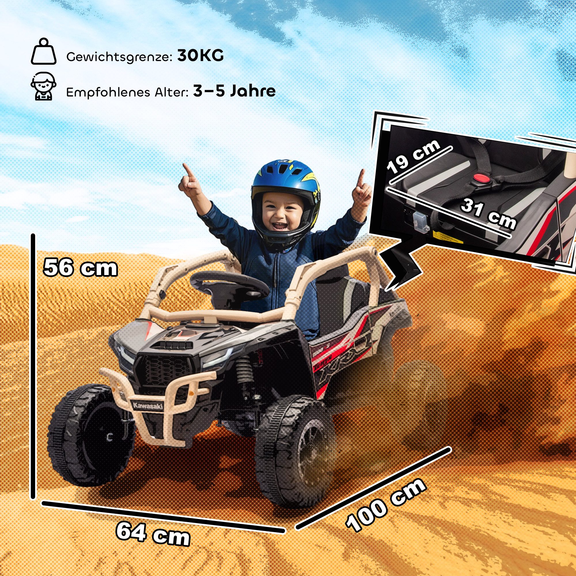 AIYAPLAY Elektro-Kinderauto mit 2 Motoren, UTV-Design, Musikfunktion, Belastbarkeit 30 kg, (1-tlg), für Kinder 3-8 Jahre, Gelb