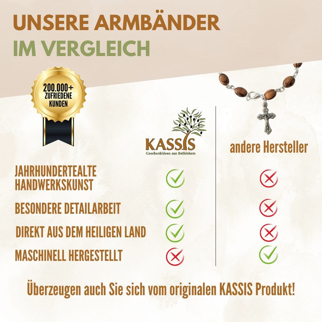Kassis Geschenkartikel Armband mit ovalen Olivenholz-Perlen Gebetskette Talisman Glücksbringer, handgefertigt in Bethlehem, Geschenk zu Kommunion Taufe Firmung – Bild 4 von 5
