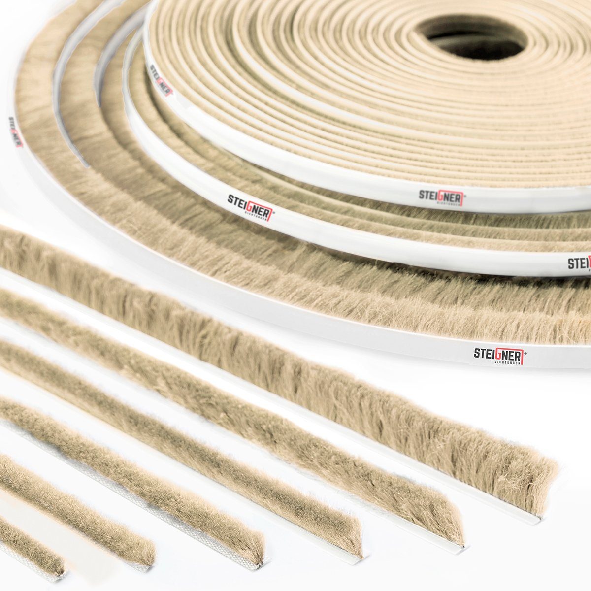 STEIGNER Türdichtband Bürstendichtung selbstklebend 8mm Bürstenhöhe Türdichtung 5m Länge beige