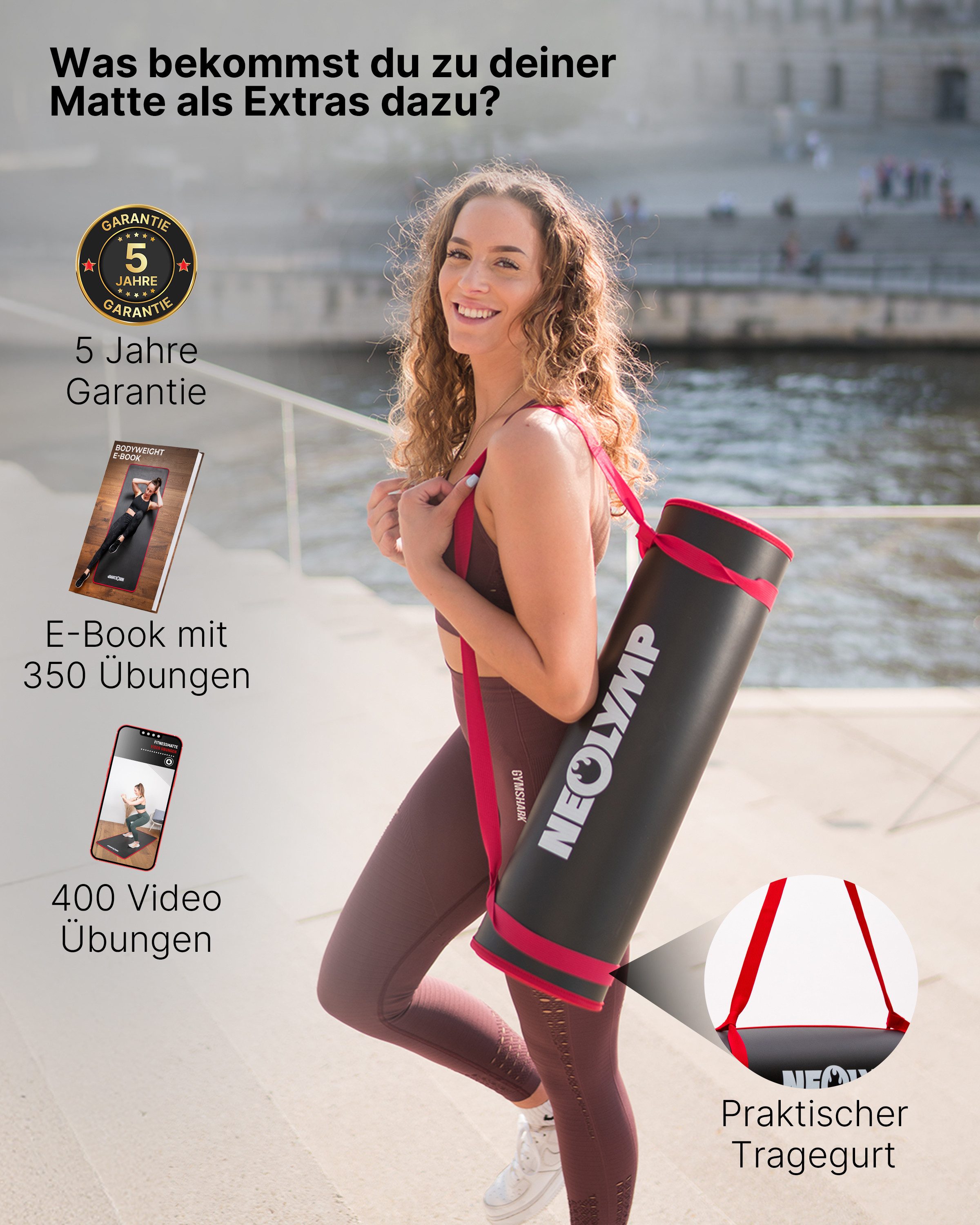 NEOLYMP Fitnessmatte Fitnessmatte 61cm breit – extra dick und rutschfest (Sportmatte mit Tragegurt), rutschfest, gelenkschonend, schalldämpfend, langlebig, Stoffkanten