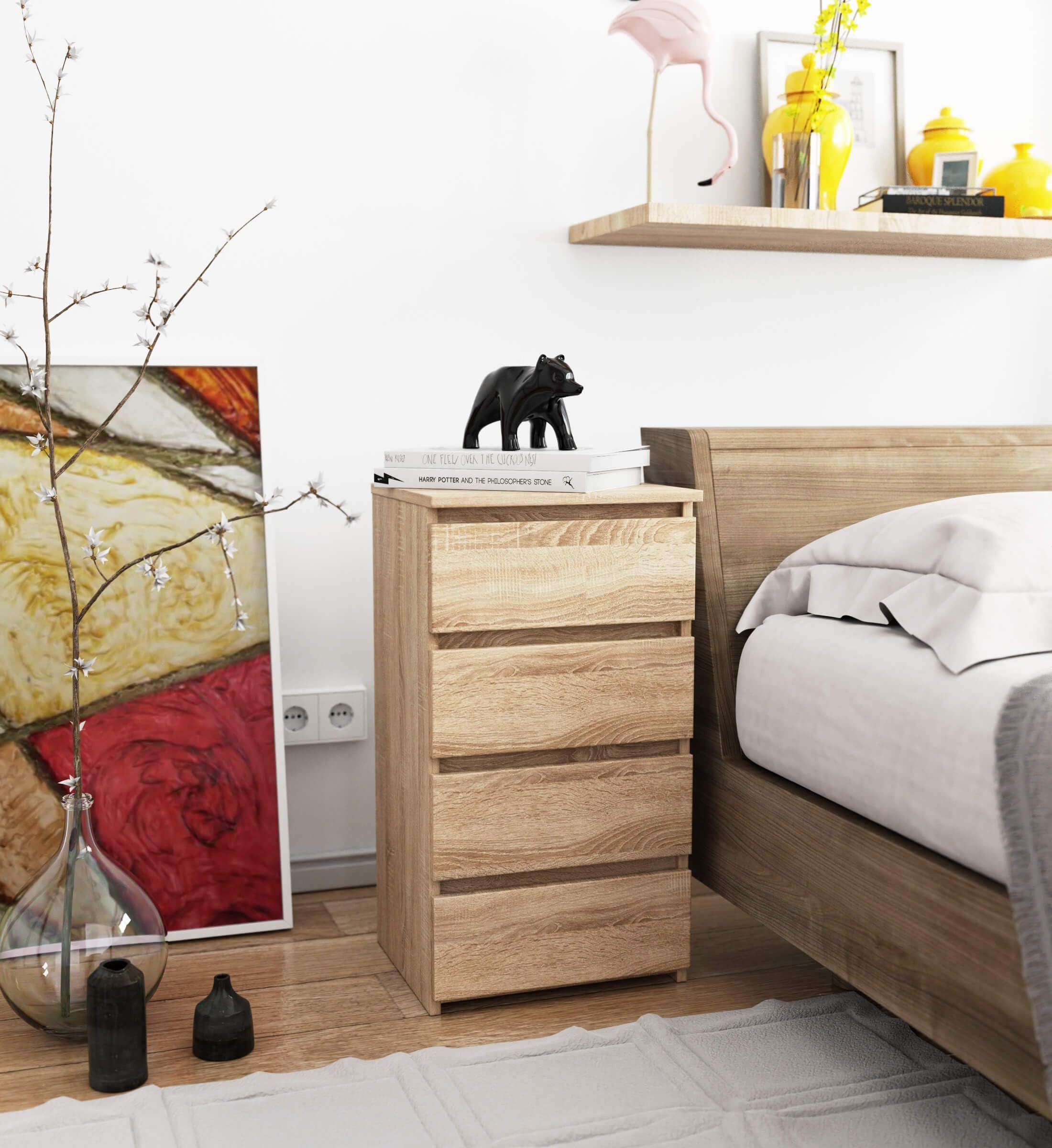 Milord FURNITURE Kommode mit 4 Schubladen 40 cm breit Holz Schrank B40xH74xT35 cm (Highboard Anrichte Schlafzimmer Wohnzimmer Flur Büro Organizer)