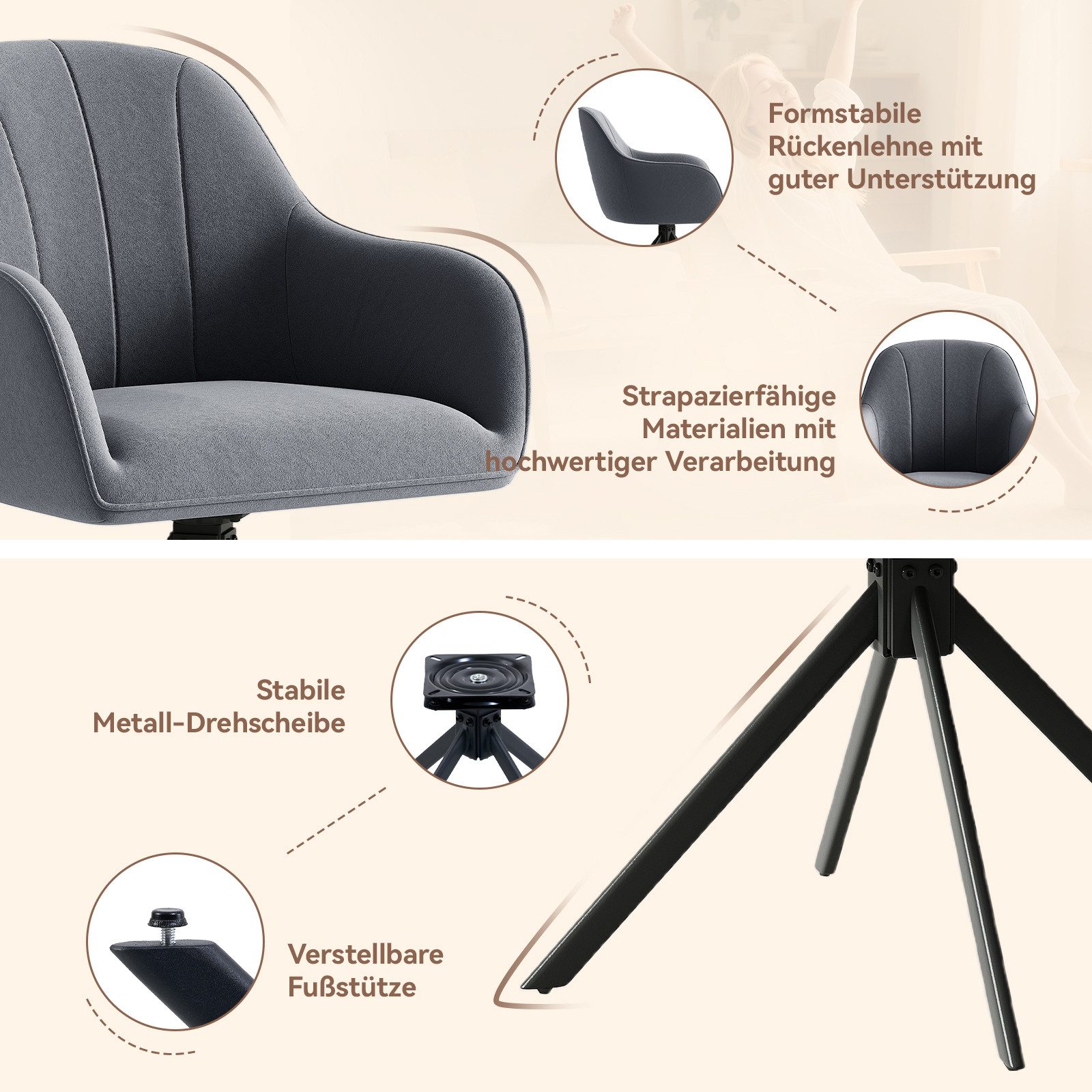 HawthyHome Polsterstuhl 360° drehbar mit Armlehne und Metallbeinen, 4-Fußstuhl (4 St), Moderner Küchenstuhl Esszimmerstuhl für Wohnzimmer & Büro – Bild 5 von 5