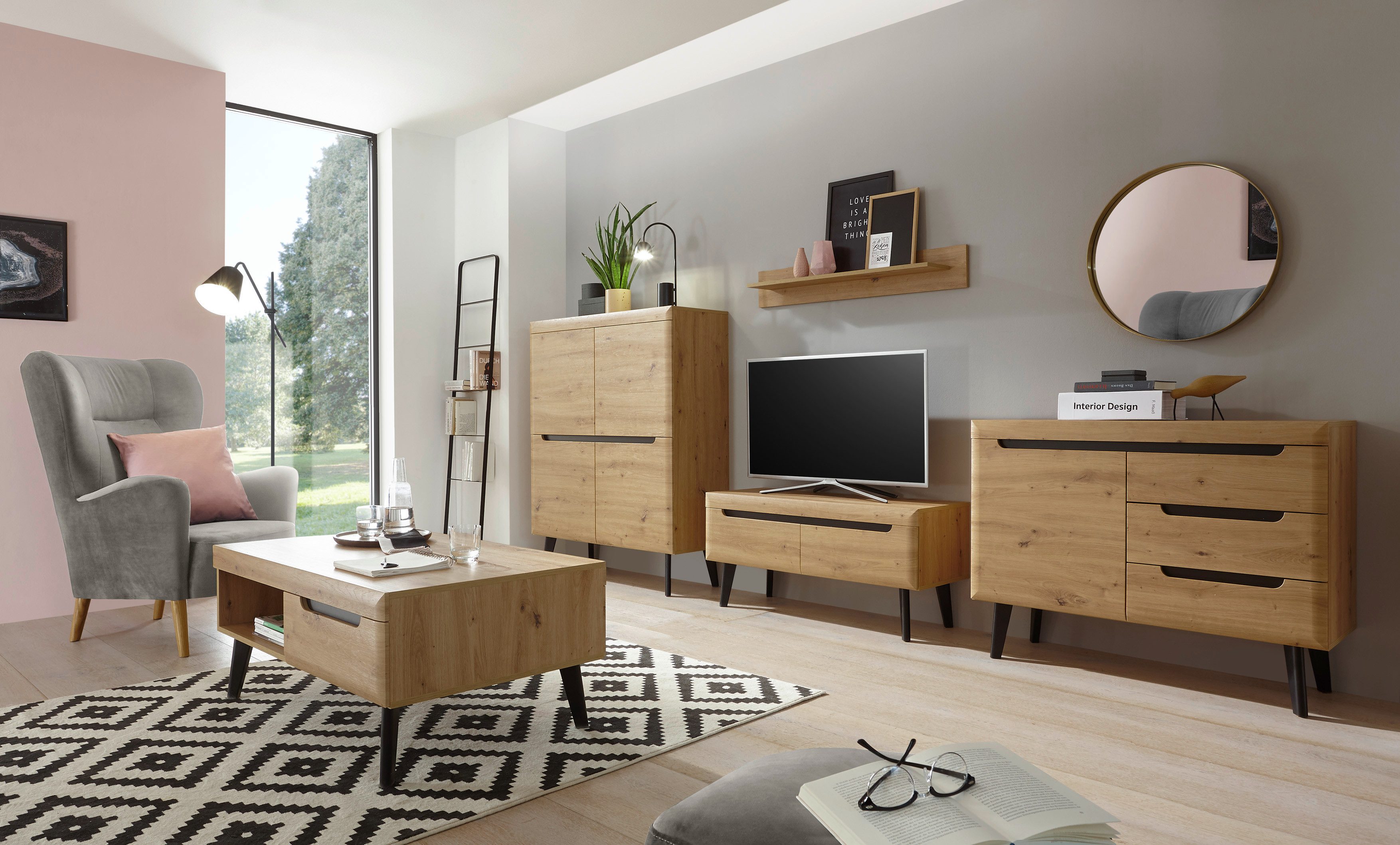 99rooms Wohnwand Tasania, (Set (5-St), Wohnmöbel), bestehend aus Lowboard, Sideboard, Highboard, Wandboard, Couchtisch