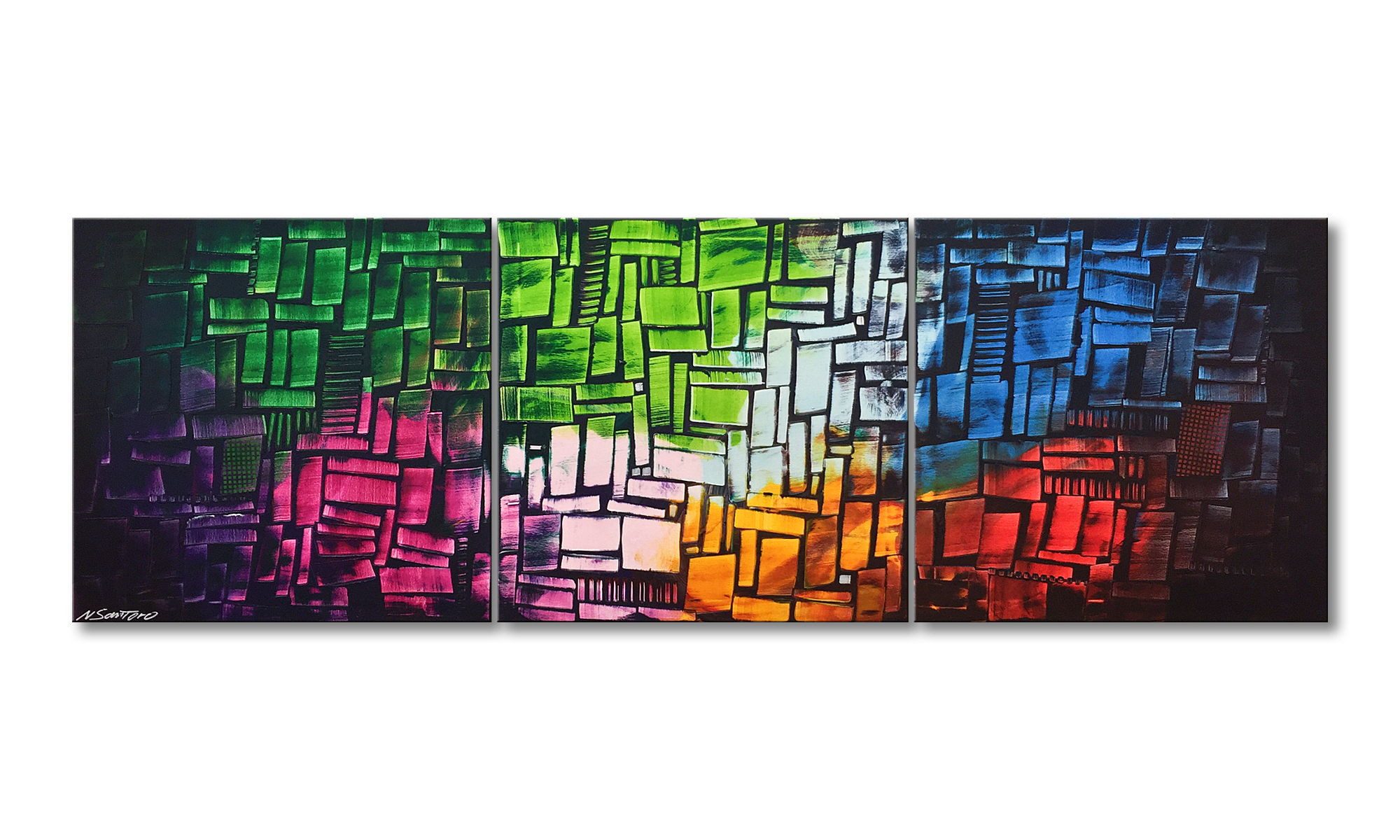 WandbilderXXL XXL-Wandbild Cubic Colors 210 x 70 cm, Abstraktes Gemälde, handgemaltes Unikat