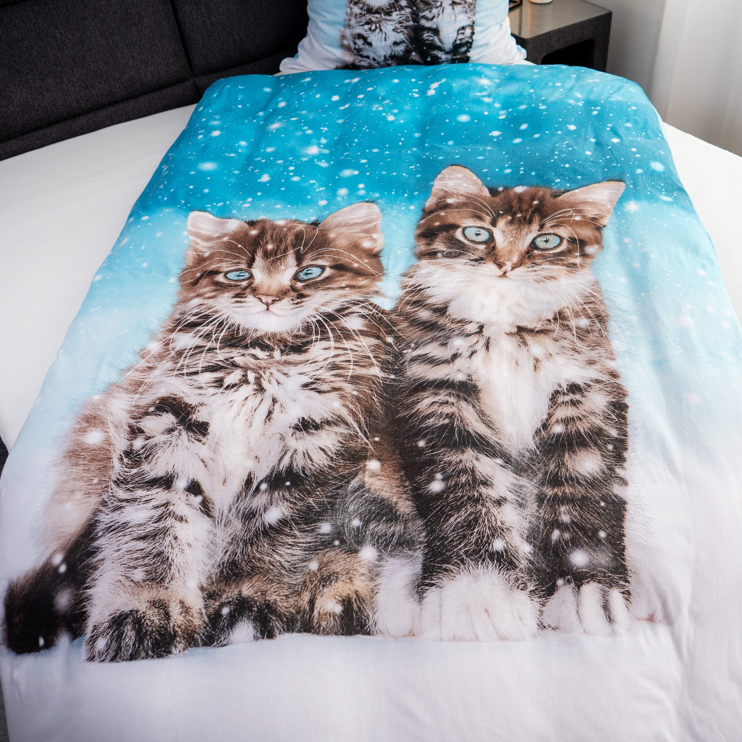 good morning Bettwäsche Comfort Baumwolle, Flanell, 2 teilig, Katzen,Schnee,Schneeflocken,blau,Wendebettwäsche – Bild 5 von 5