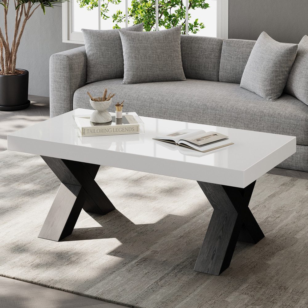 BBWL Couchtisch mit Hochglanzplatte, X-Beinen, MDF, moderner Wohnzimmertisch, Rechteck Couchtisch, Beistelltisch Weiß Schwarz 100x50x40cm