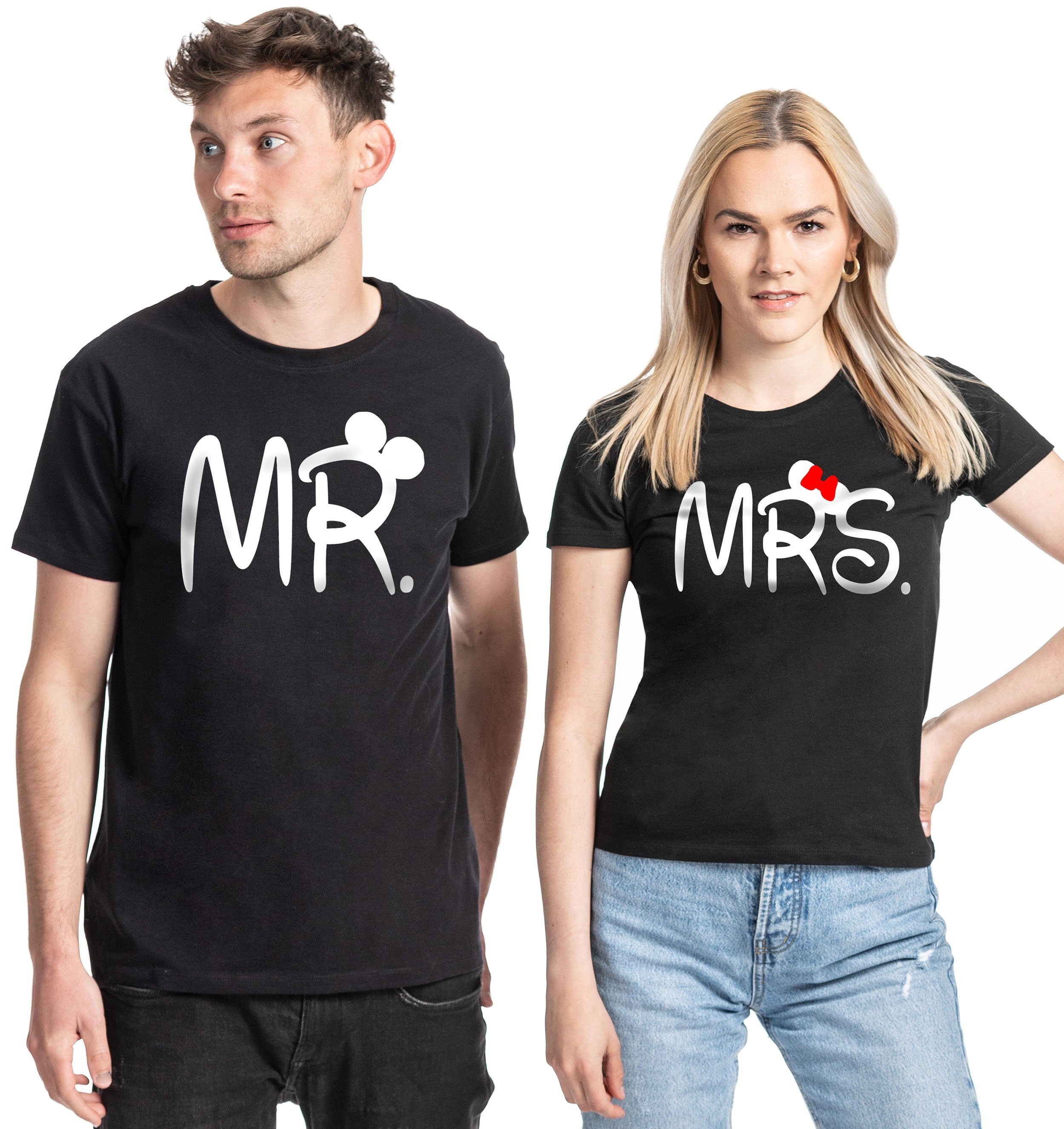 T-Shirt Misses & mit Print Partner Herren Mrs. lustigen / Mr. Look Mister T-Shirt (1-tlg) Couples Shop Schwarz