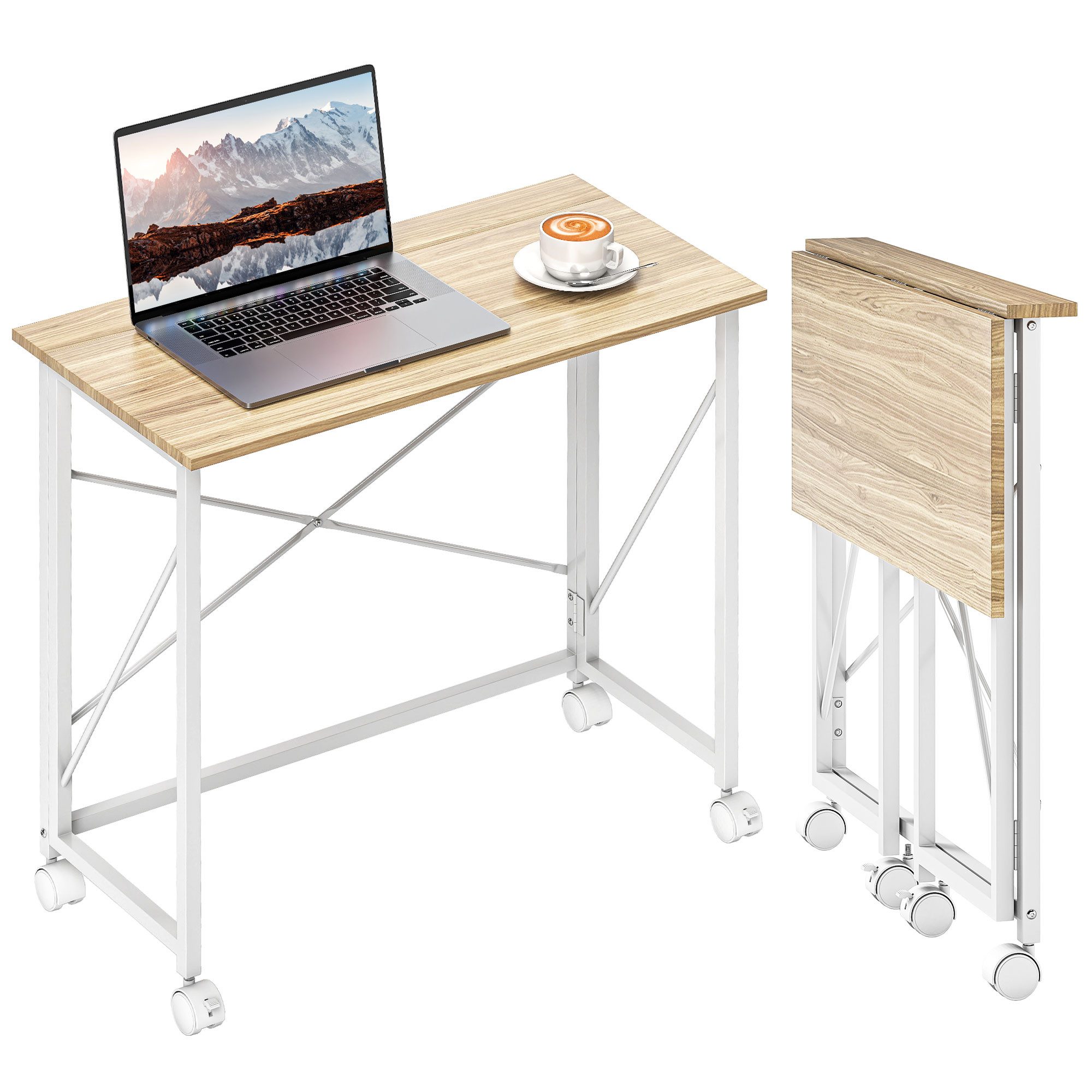 HOMCOM Schreibtisch Computertisch mit Rollen, platzsparender Klapptisch (Klapptisch, 1-St., Klappschreibtisch), Computertisch für Home Office, Weiß