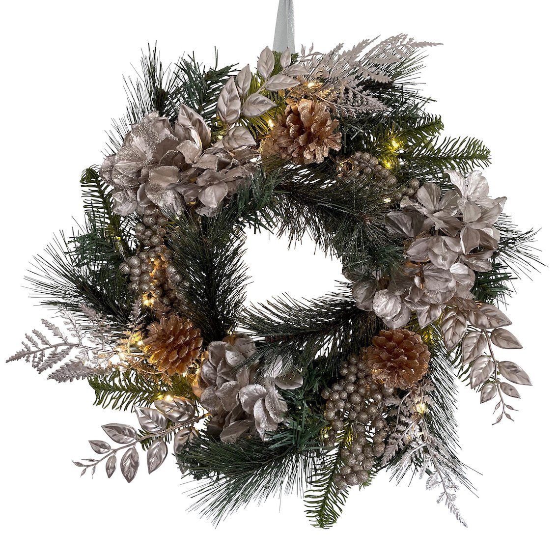 Kunstkranz Türkranz Adventskranz mit LED Lichterkette & Timer CHAMPAGNER Weidengeflecht Tannenzweige Zapfen verschiedene Blätter, Online-Fuchs, 45 - 50 cm im Durchmesser, 6-Stunden-Timer