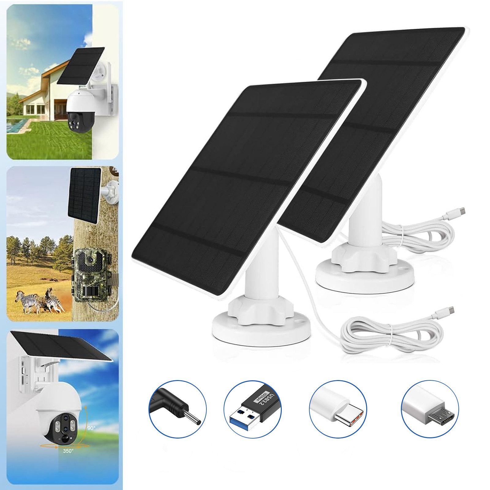 XERSEK Solaranlage 2 Stück Solarpanel Solarnetzteil für Kamera, IP65, 360° Verstellbar, (2-St., 5W Solarmodule inkl. 2x3 M Kabel, Halter, Stecker USB, 3.5mm DC, Typ-C), Silizium-PET Solar Panel(Nicht für Netzwerkkameras ohne Akku geeignet)