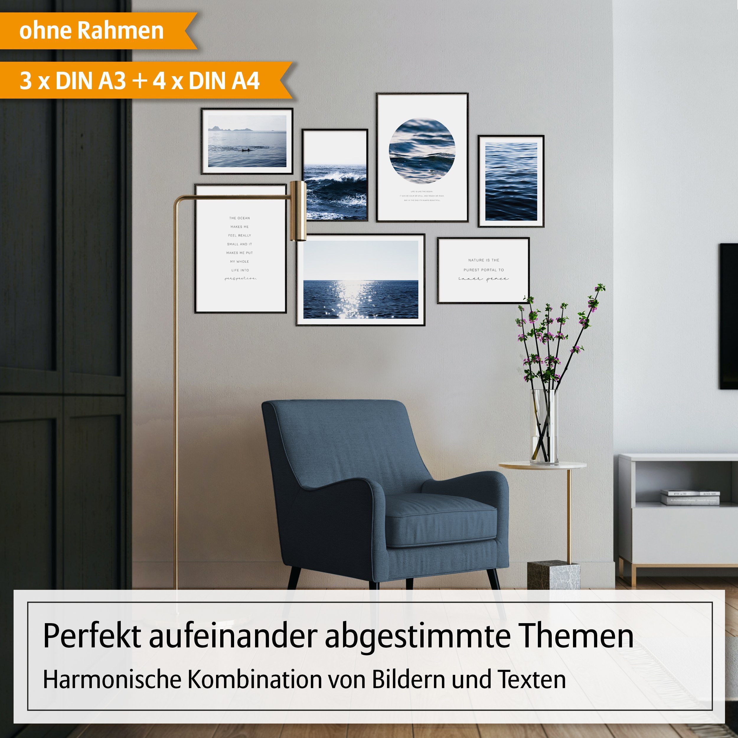 Hyggelig Home Poster Ozean - Premium Poster Set OHNE & MIT Rahmen - 7 Wandbilder Blue Waves, Meer (Set, 7 St), Collage Qualitätsdruck auf dickem Papier knickfrei