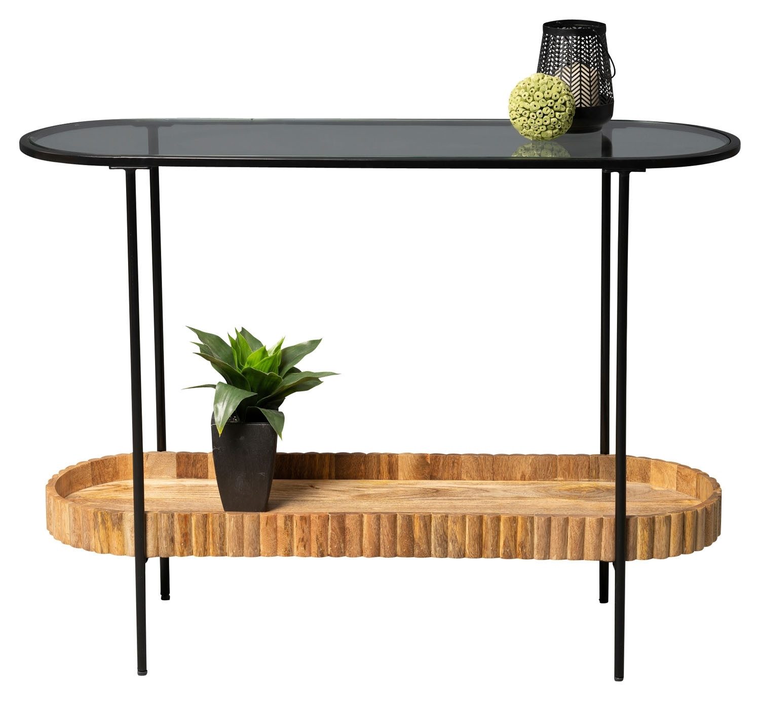 M2 Kollektion Konsolentisch JASON, 107 x 78 cm, Braun, Schwarz, Glasplatte, Metallgestell, Ablageboden aus massivem Mangoholz