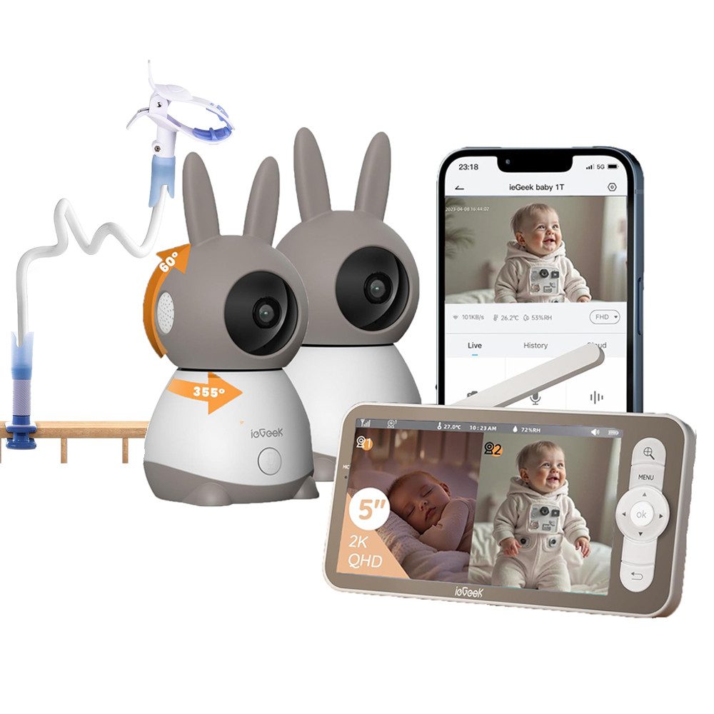 Video-Babyphone Monitor mit Kamera und Audio, 5 Zoll IPS-Bildschirm LCD-Display PTZ