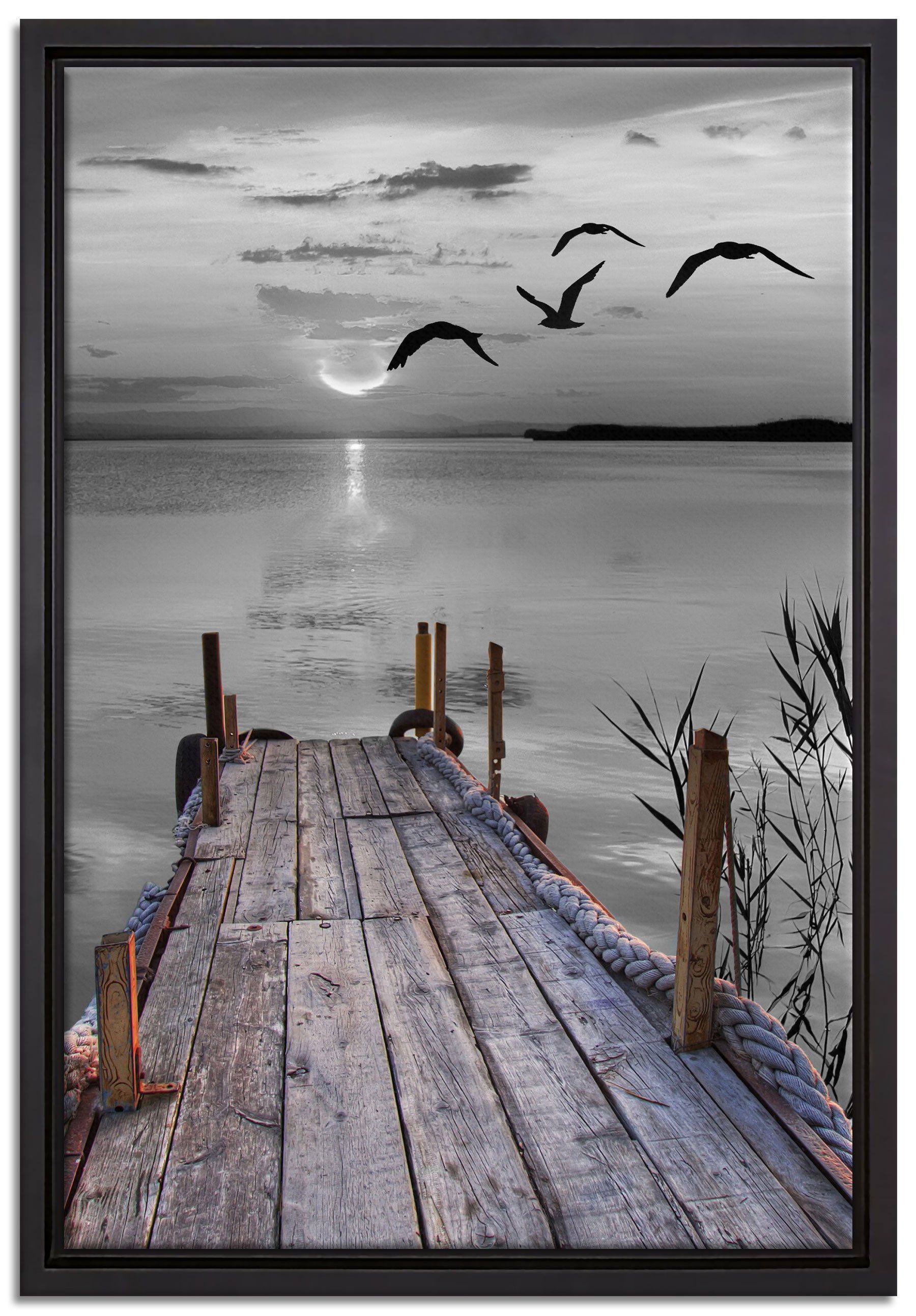 Pixxprint Leinwandbild schöner Steg mit Vögeln, Wanddekoration (1 St), Leinwandbild fertig bespannt, in einem Schattenfugen-Bilderrahmen gefasst, inkl. Zackenaufhänger