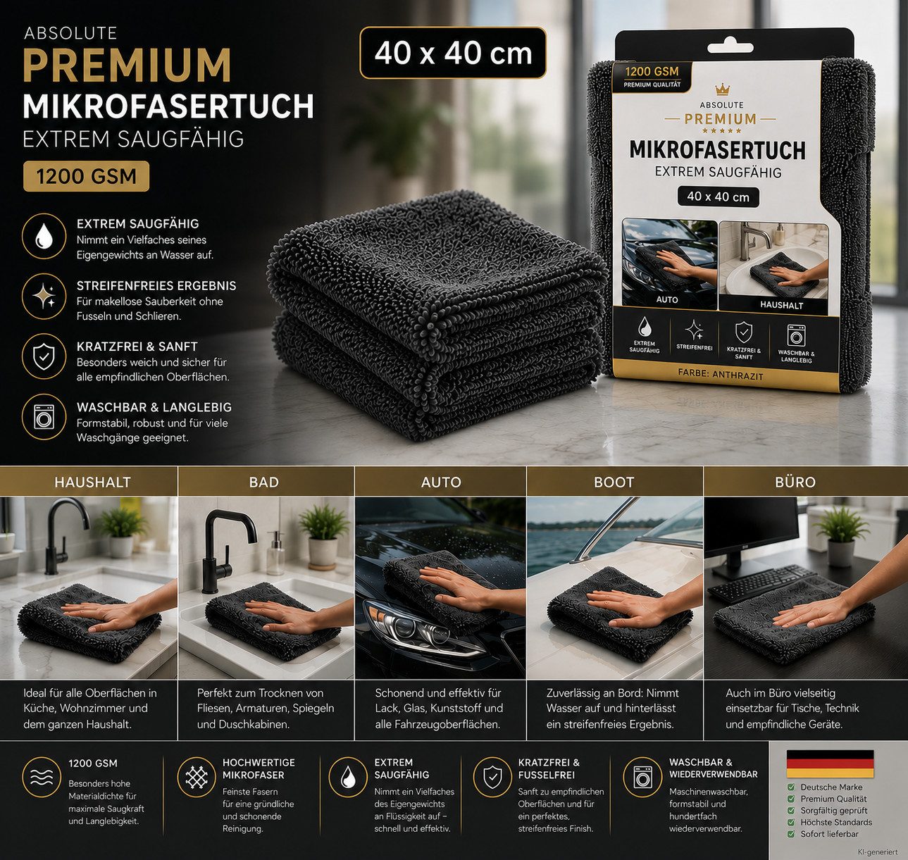 HH-Haushalt Premium Auto Mikrofasertuch 40 x 40 cm 1200 GSM Anthrazit Pflegetuch (Polyester, 40x40 cm, Auto Trockentuch (keine Wasserflecken und Schlieren), Fah – Bild 2 von 2