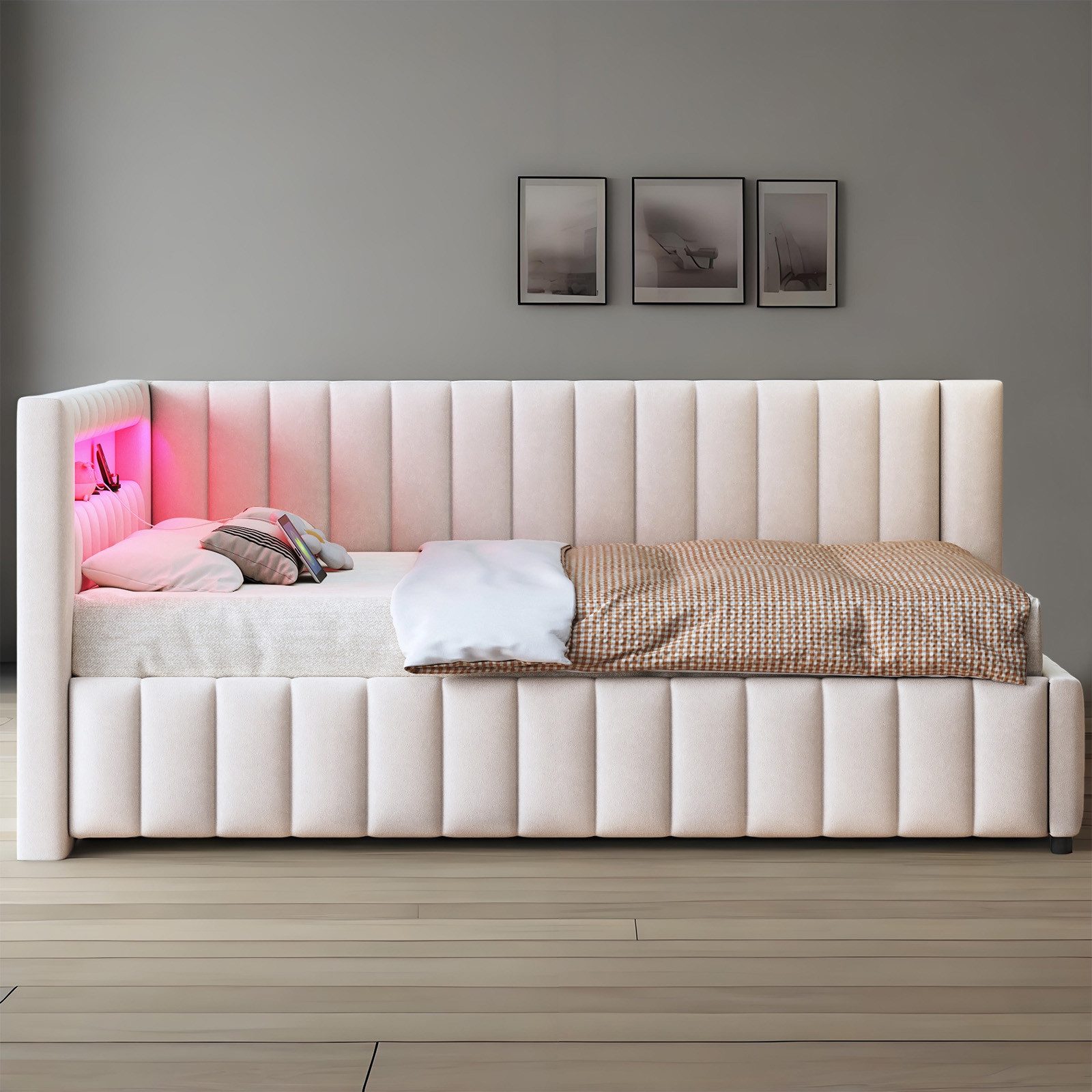 MODFU Polsterbett Kinderbett (140x200 cm mit LED-Lichtstreifen, USB-Ladeans günstig online kaufen