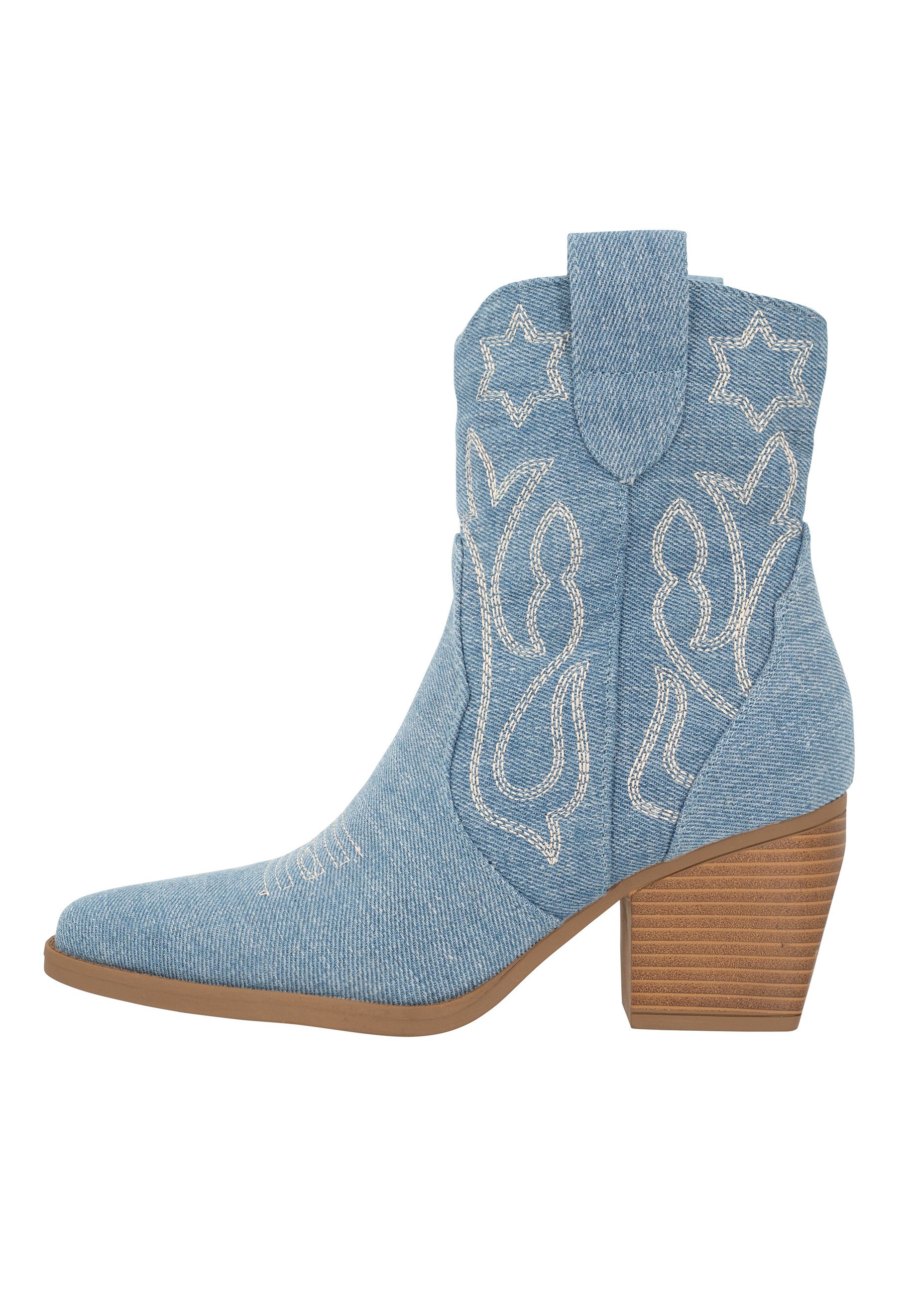 Salinyang Damen Western Stiefeletten in Denim-Optik mit Stickerei und Absatz Cowboystiefel