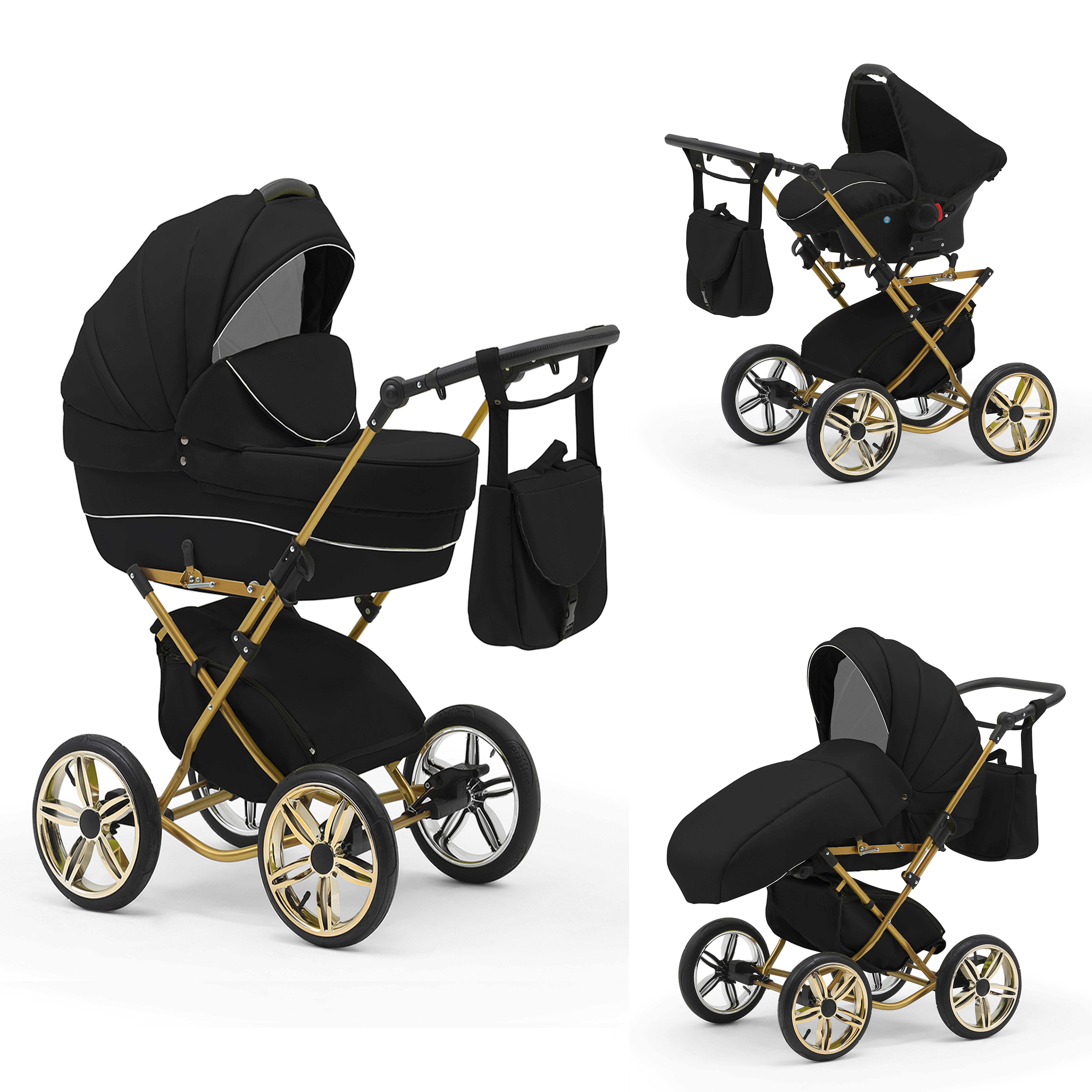 babies-on-wheels Kombi-Kinderwagen Sorento 3 in 1 inkl. Autositz - 13 Teile - in 10 Designs Schwarz