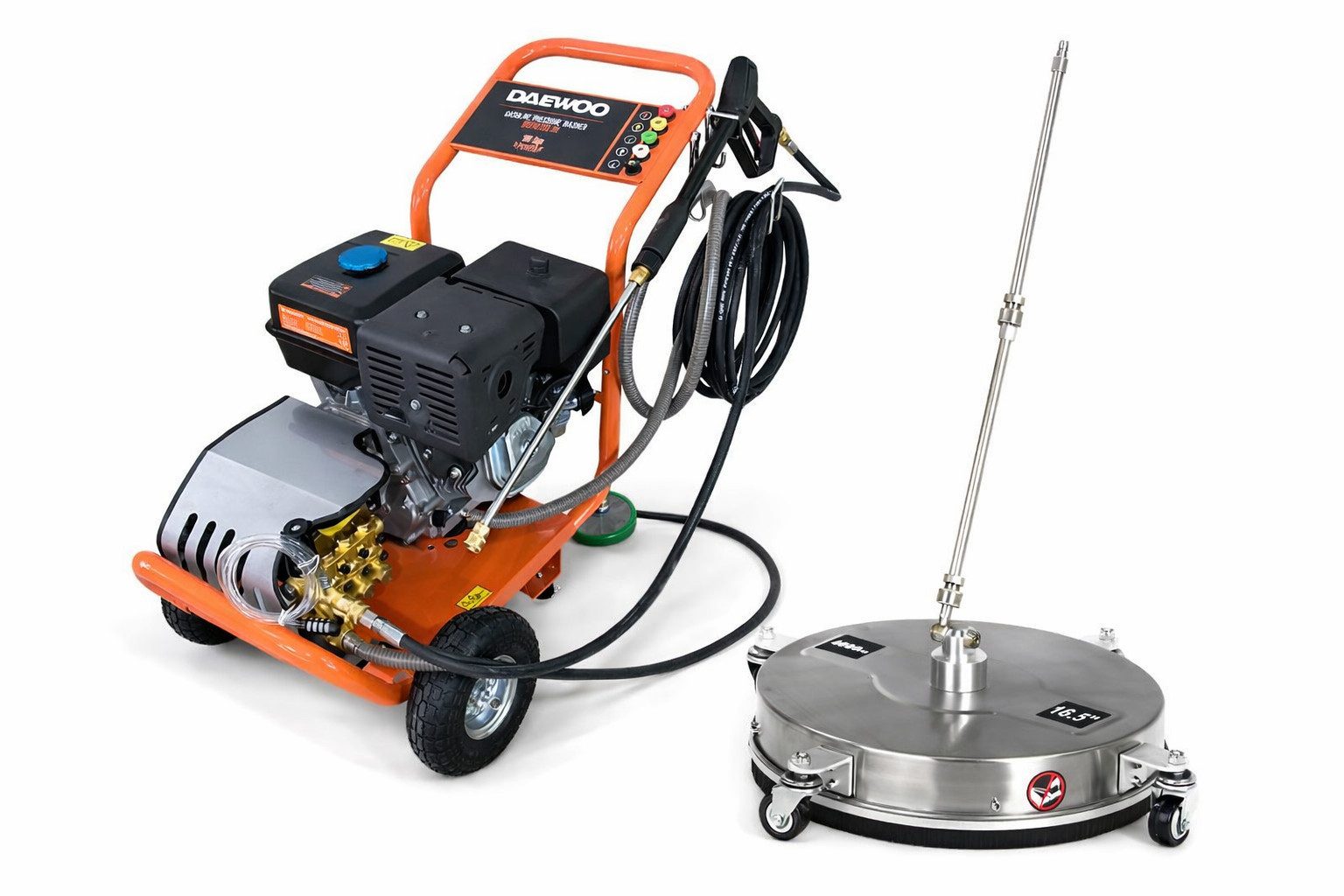 DeTec. Hochdruckreiniger DAEWOO Benzin 15 PS 250 bar mit Flächenreiniger 16,5" Zoll Set, Druck max: 250 bar, Fördermenge max: 1242 l/h