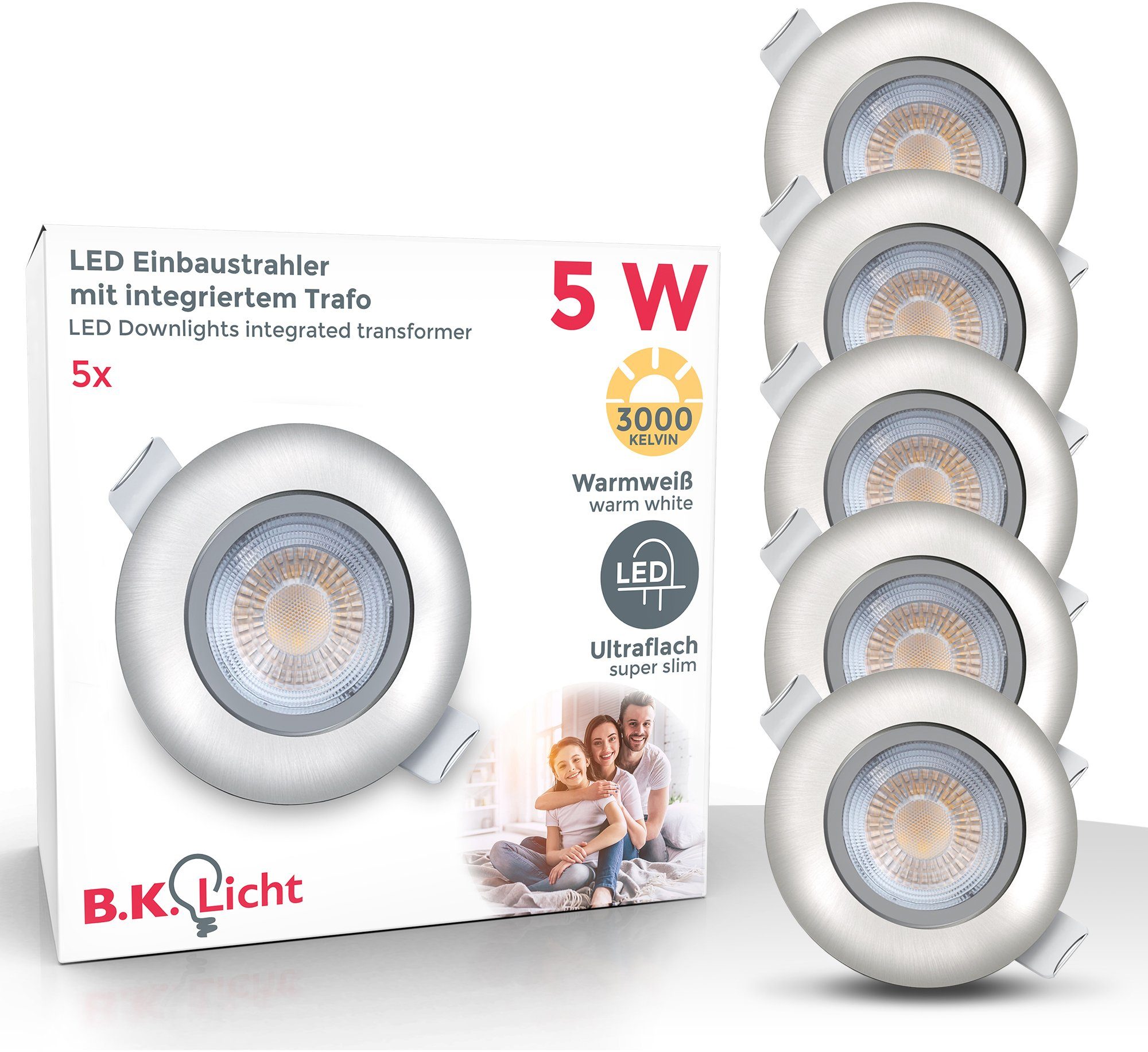 B.K.Licht LED Einbauleuchte, LED fest integriert, Warmweiß, Einbaustrahler,  schwenkbar, ultra flach, 5x LED-Modul 5W 450lm 3000K