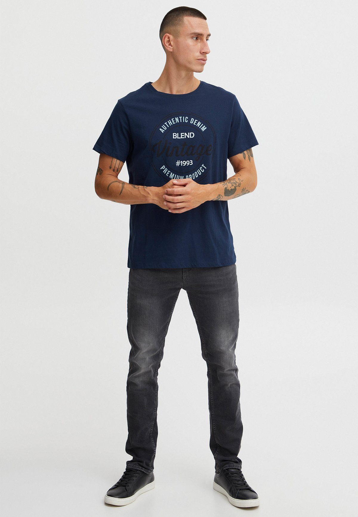 Print Fit in T-Shirt Baumwolle Logo Blend 4387 T-Shirt Shirt Dunkelblau Rundhals Kurzarm Regular