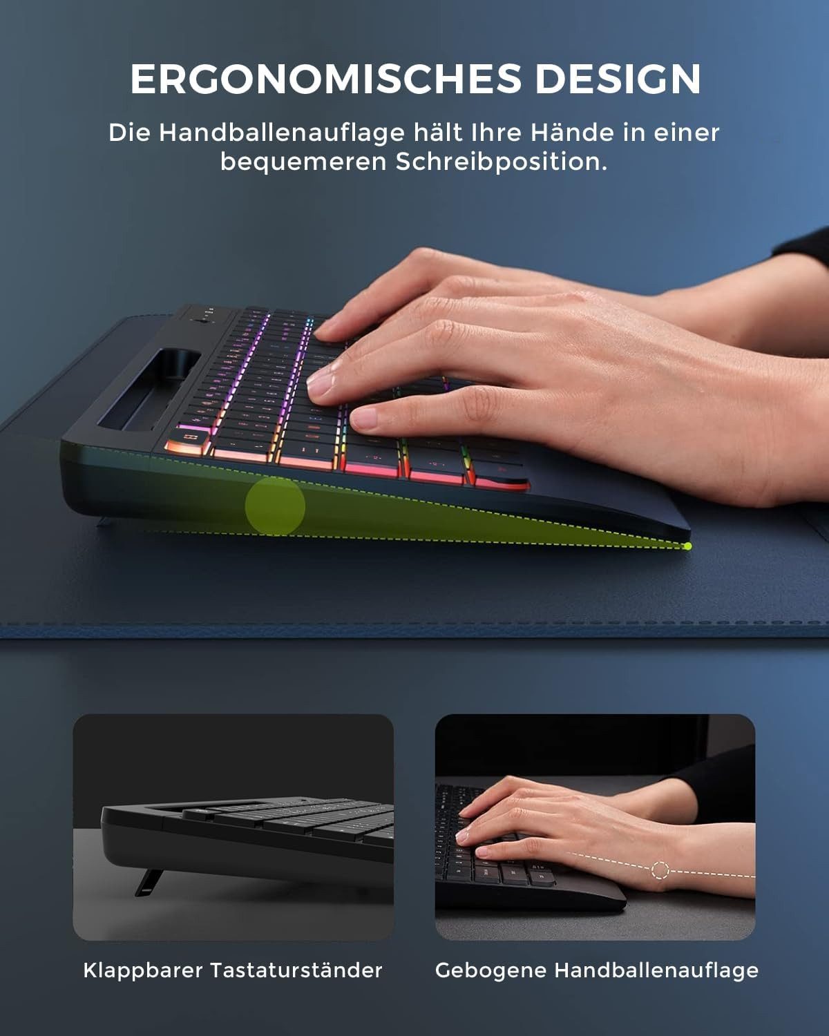 Seenda JPX006 Tastatur Maus Set kabellos beleuchtet Tastatur- und Maus-Set, (3 St., wiederaufladbare USB & Typ C Funktastatur mit Maus), mit Handyhalter und Handballenauflage