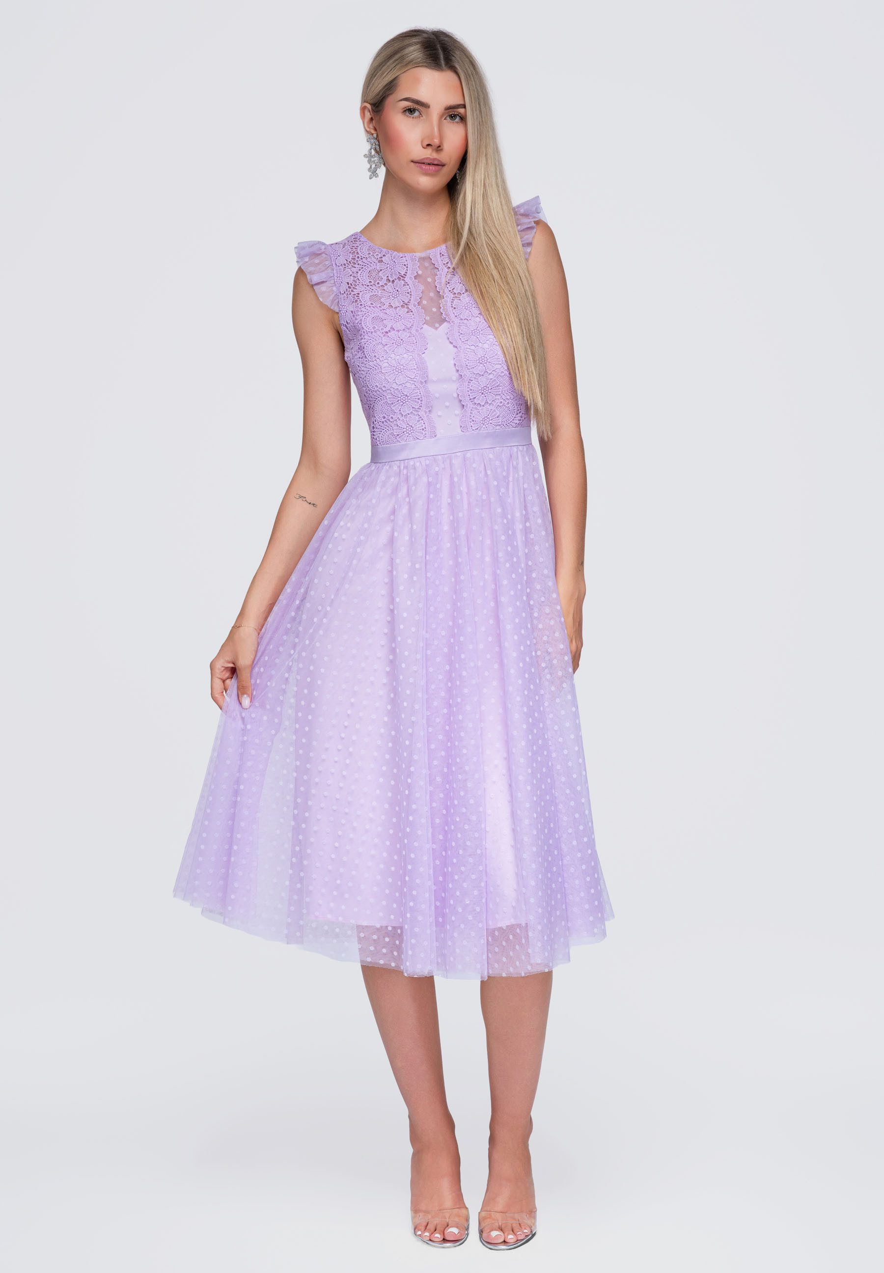 OMBRE Abendkleid Damen Midi-Kleid mit Rüschen und Rundhalsausschnitt Violett L (kein Set, 1-tlg) mit Volant