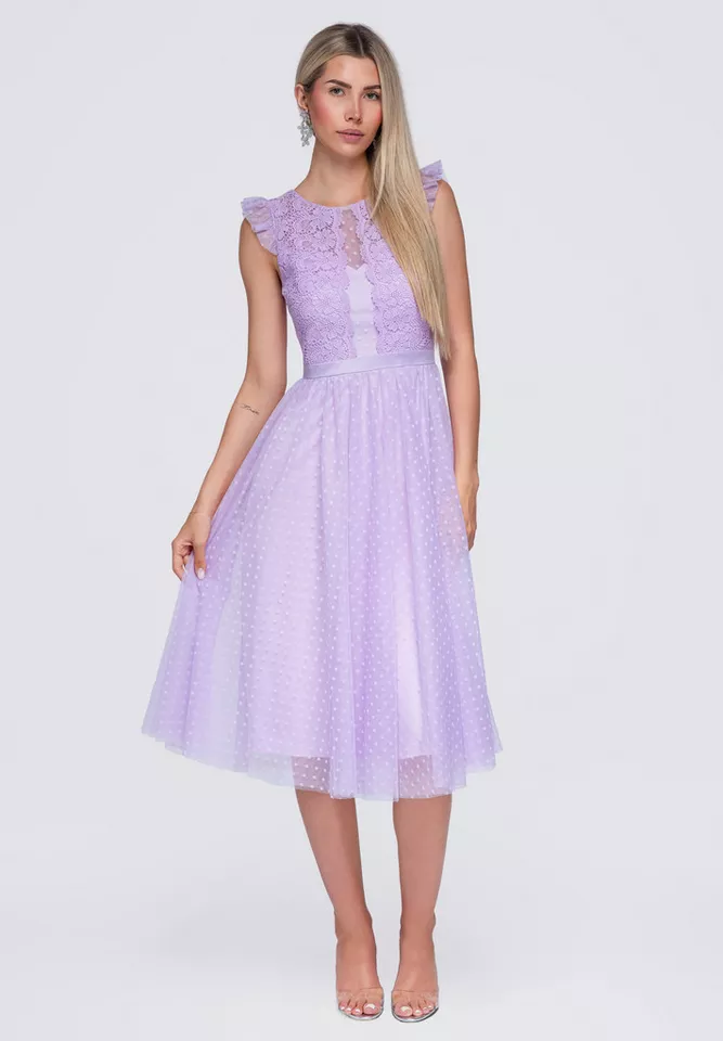 OMBRE Abendkleid Damen Midi-Kleid mit Rüschen und Rundhalsausschnitt Violett L (kein Set, 1-tlg) mit Volant