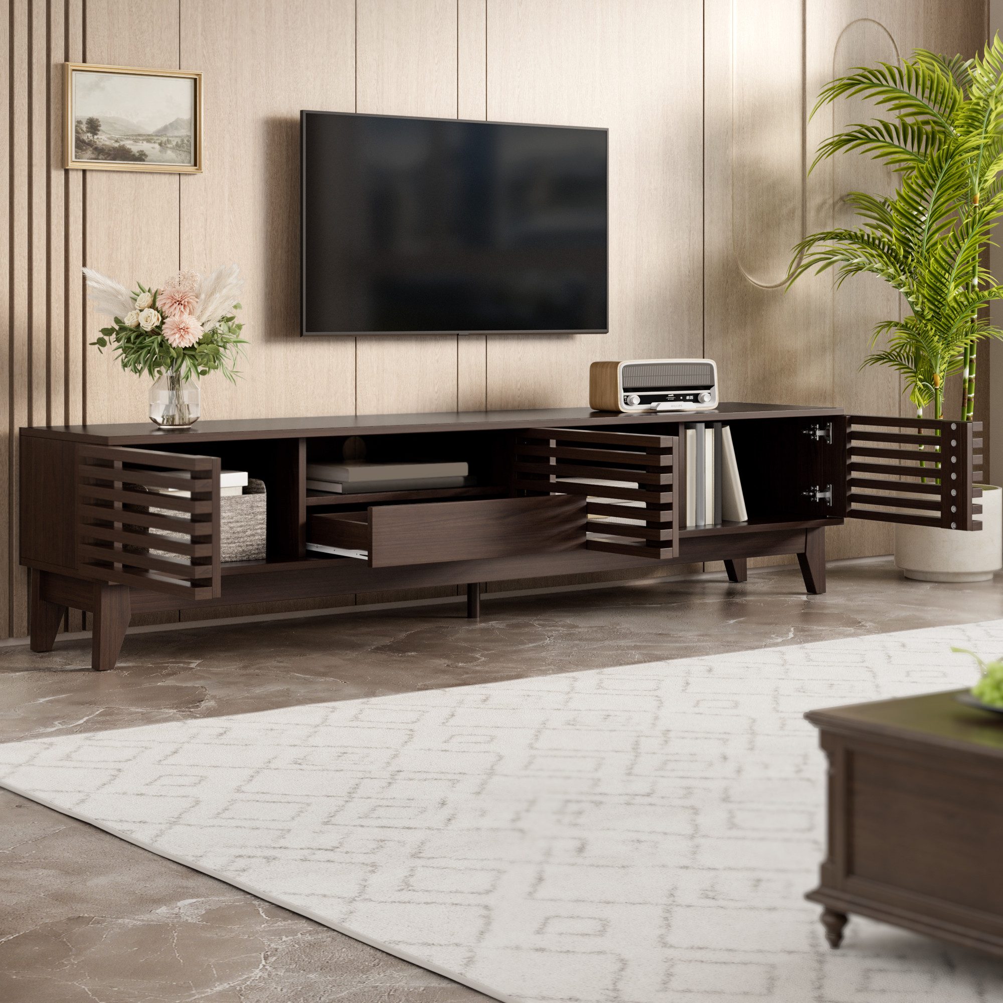 Odikalo TV-Schrank Lowboard Fernsehschrank mit Schublade (TV-Schrank mit einer Schublade und zwei Türen, TV-Möbel, TV-Panel, TV-Lowboard, TV-Schrank. Einzigartiges Design, Vintage-Holzfarbe)