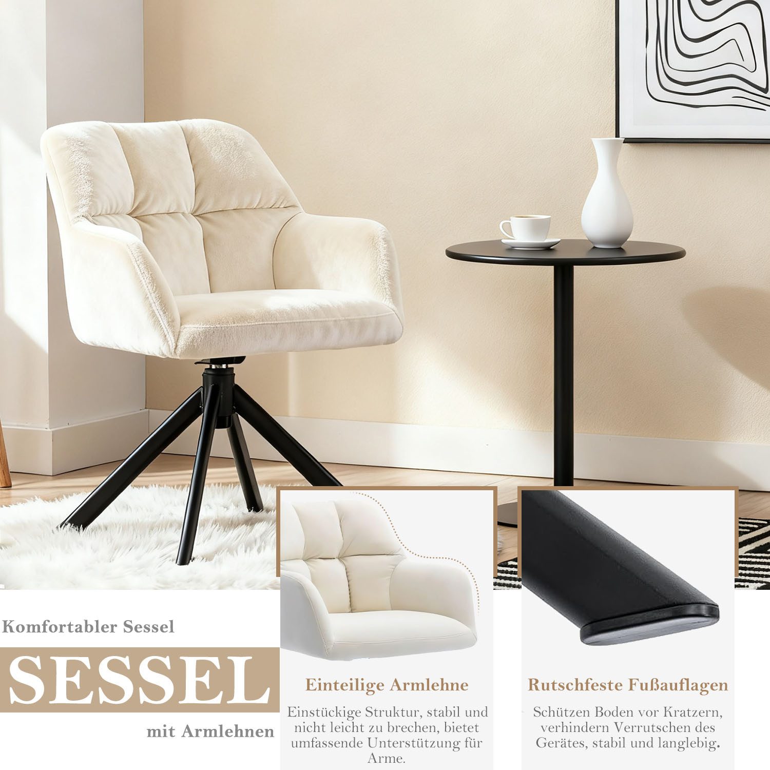 IDEASY Esszimmerstuhl Drehbarer Samtstuhl mit Armlehnen, gepolsterter Komfortstuhl 59×80cm (Ein Stuhl), Eleganter Home-Office-Stuhl aus Samt, 360° drehbar, mit Rückenlehne
