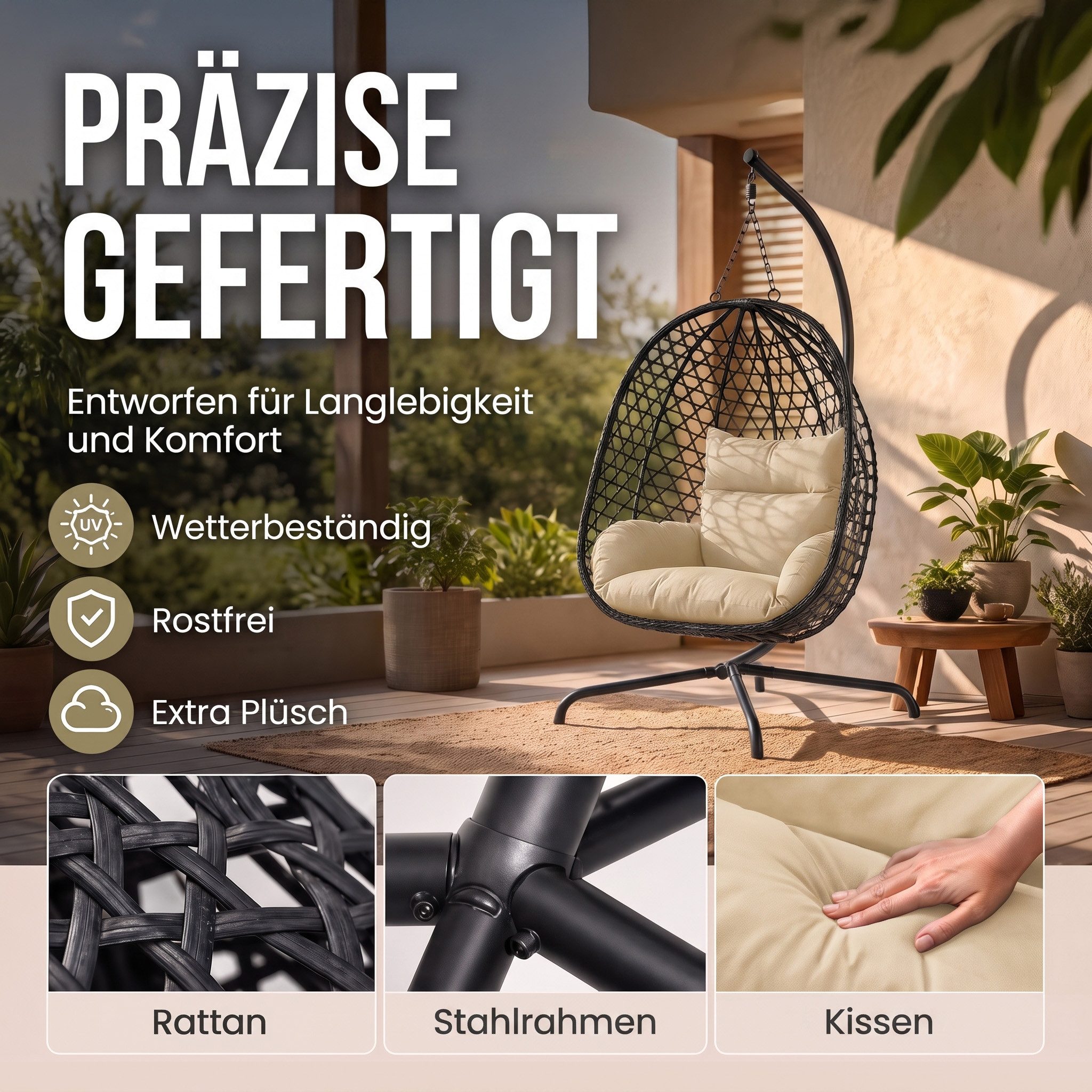 Goods+Gadgets Hängestuhl Polyrattan Hängestuhl mit Gestell und Kissen–Komfort für Innen & Außen (Hängekorb Sessel), Schwebeliege Rattan Outdoor & Indoor Relax H – Bild 5 von 5
