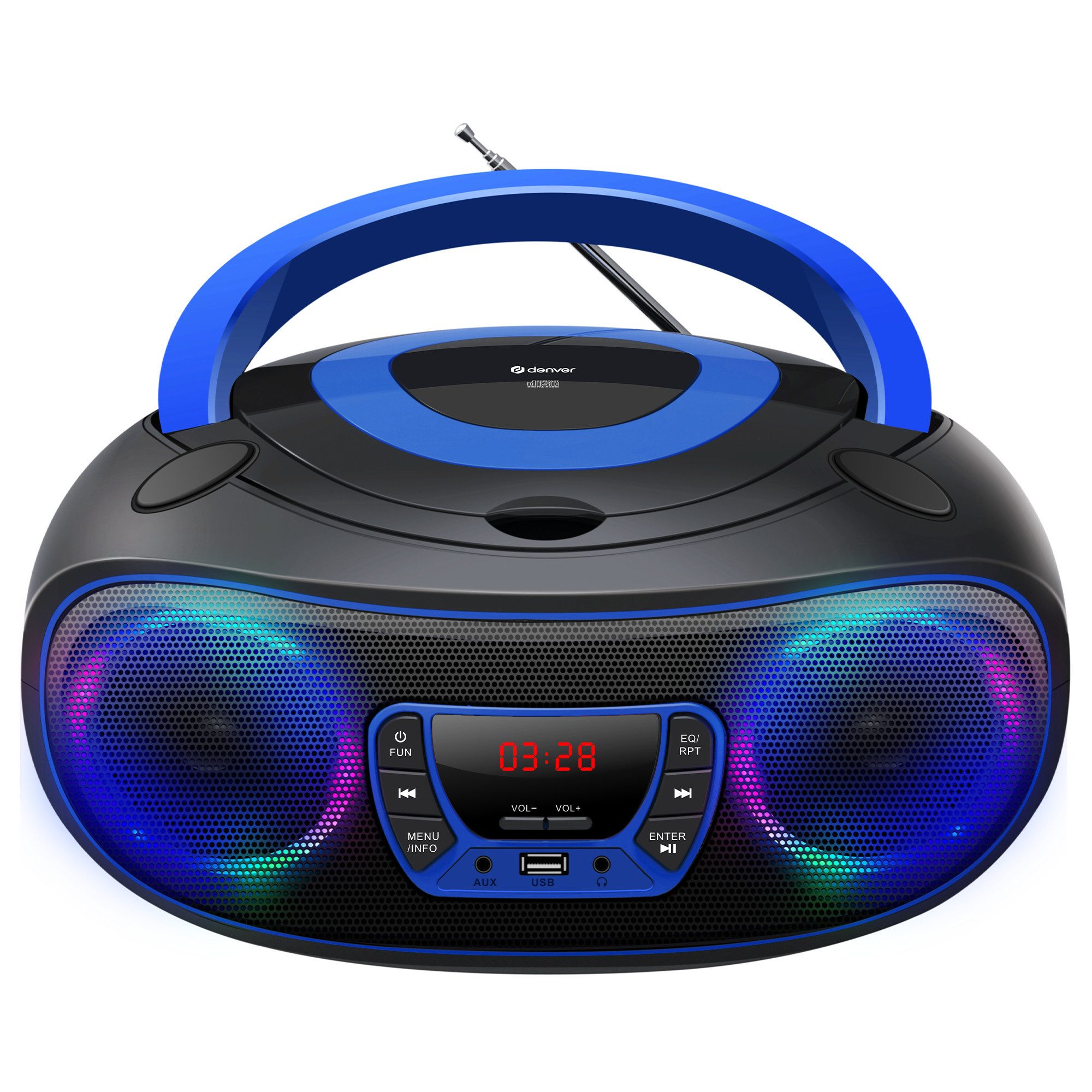 Denver TCL-212BTBU CD-Player (Bluetooth, LED-Beleuchtung in Lautsprechergittern, Bluetooth, USB & AUX, CD/FM, LED-Beleuchtung in Lautsprechergittern, Bluetooth, USB & AUX, CD/FM)