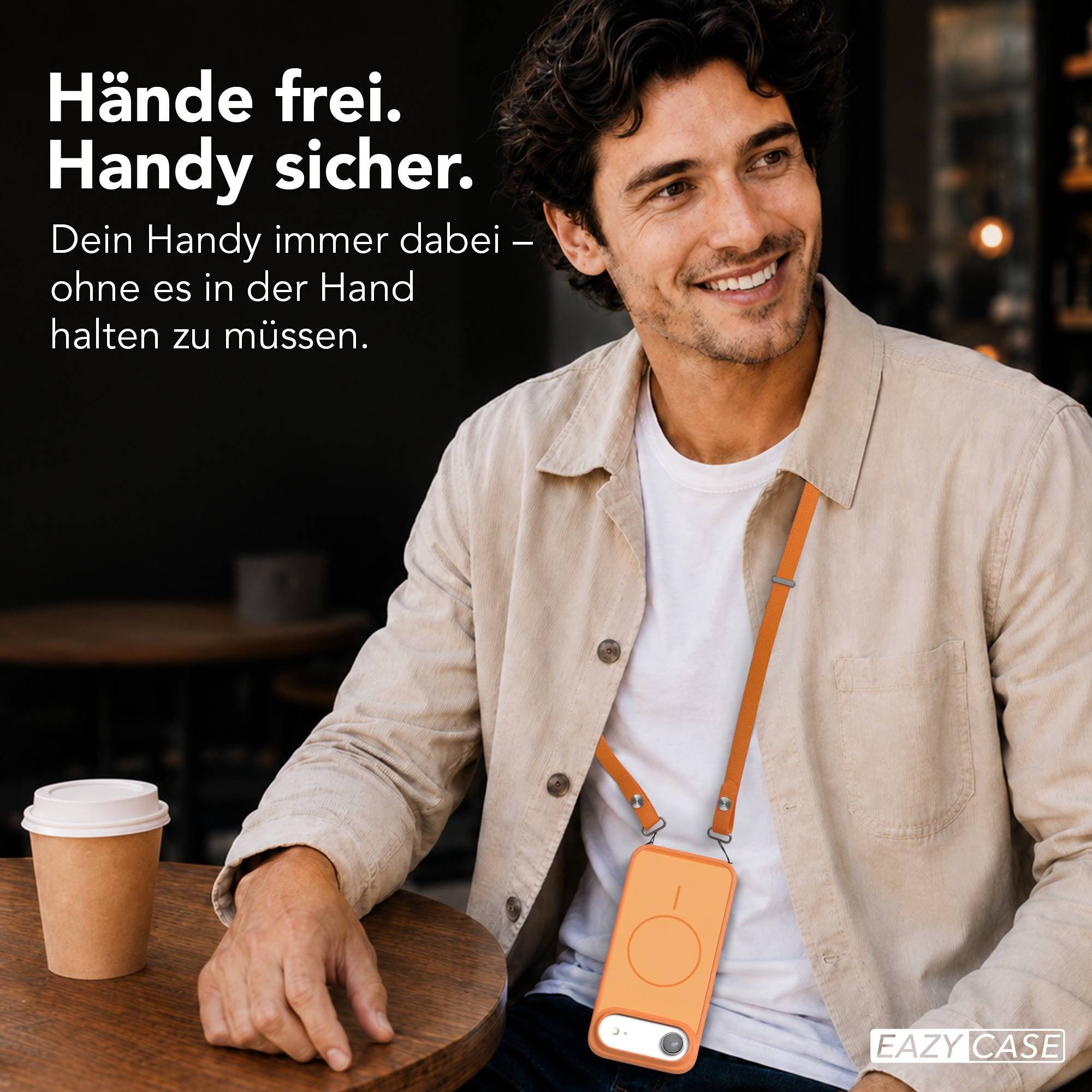 EAZY CASE Handykette Outdoor Case Thin MagSafe mit Band für Apple iPhone Air 6,5 Zoll, Hülle mit Slim MagSafe Ring, Magnetkette und starkem Schutz in Orange