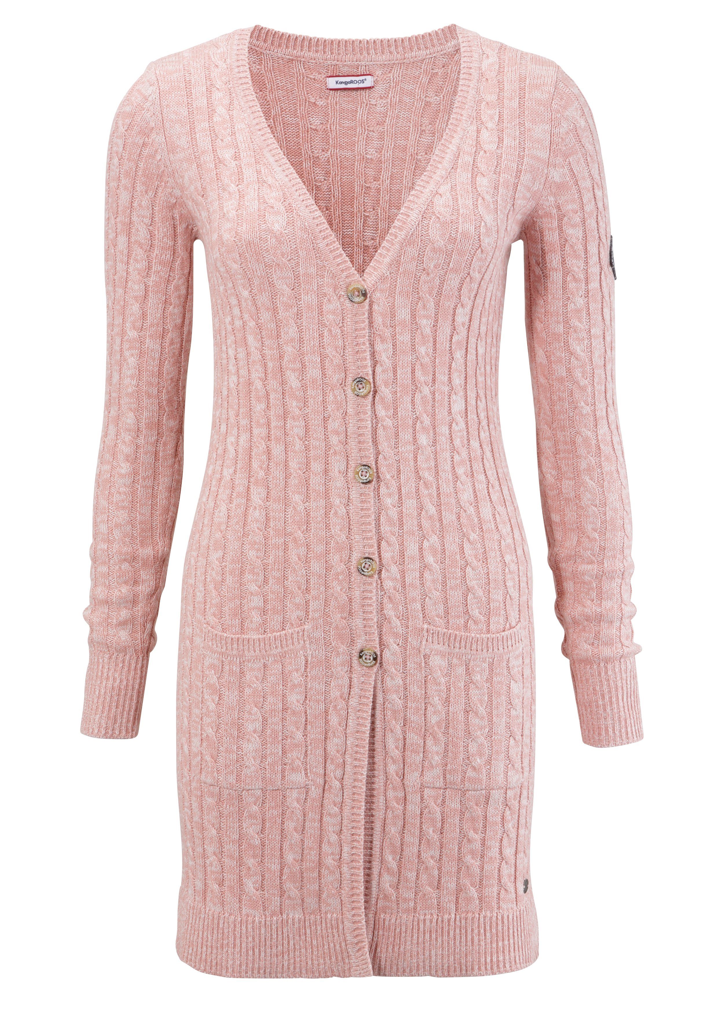 KangaROOS Longstrickjacke rosa-meliert trendigem Taschen mit und Zopfmuster